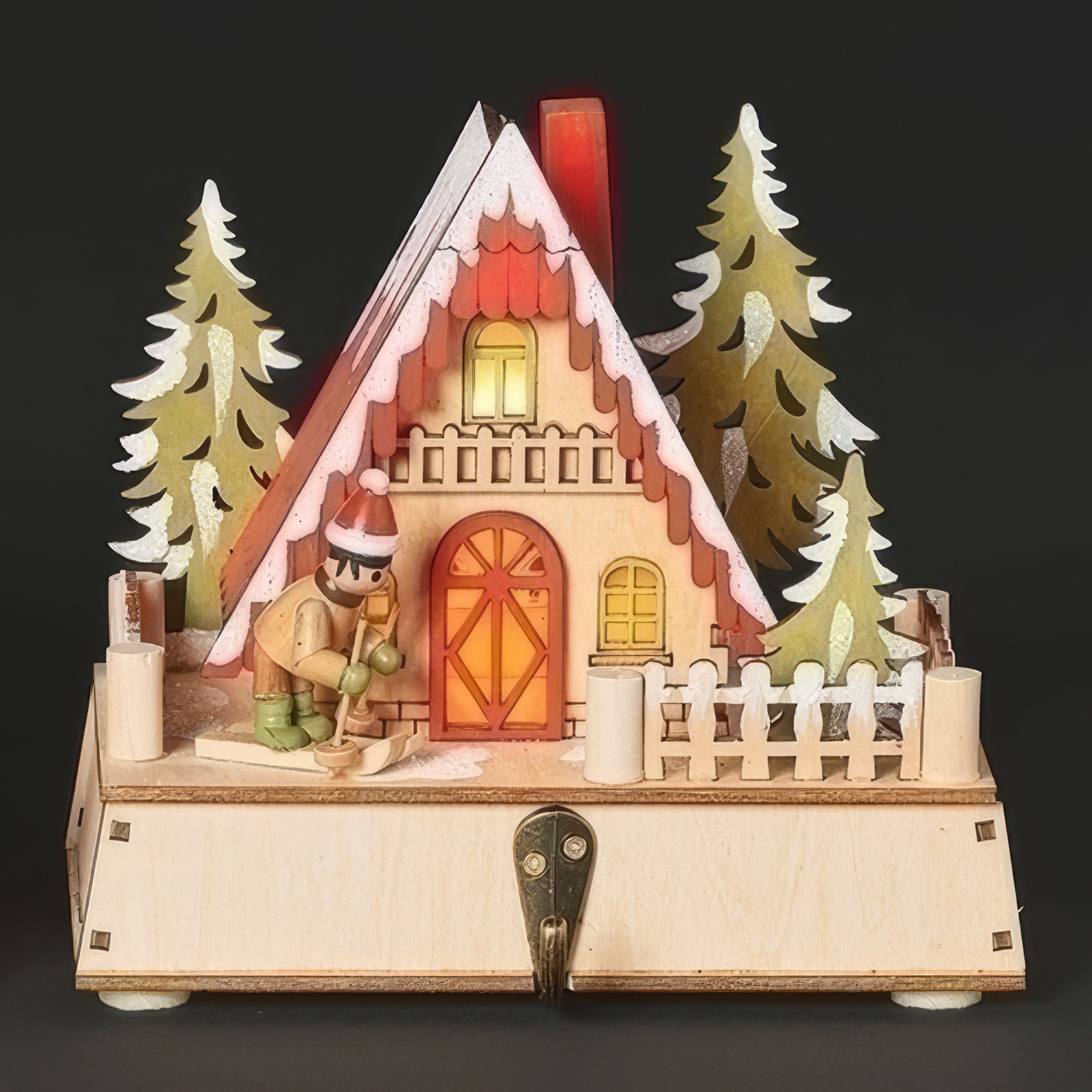 Lighted Wooden Stocking Holder Cabin with Skier