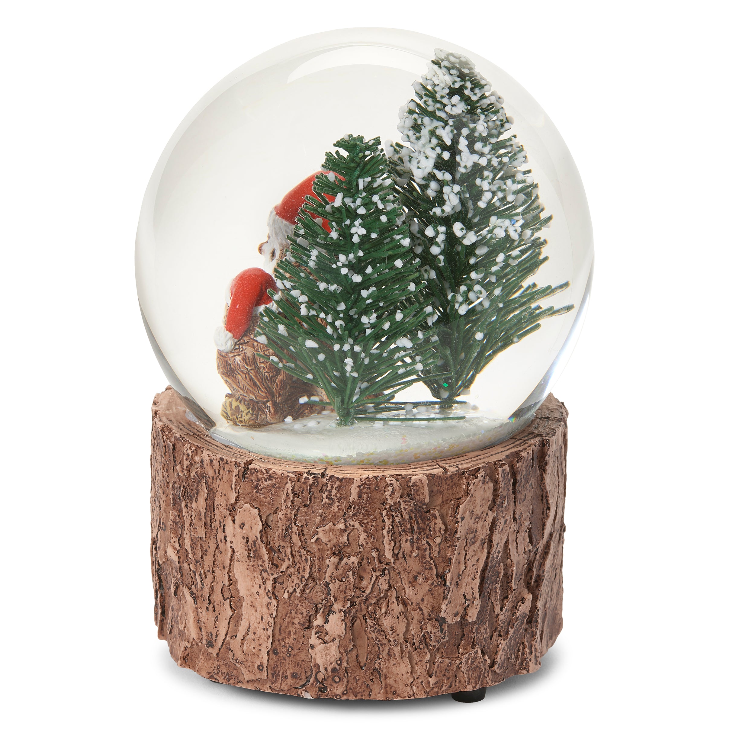 Christmas-themed snow globe with owls wearing Santa hats on a wooden base.