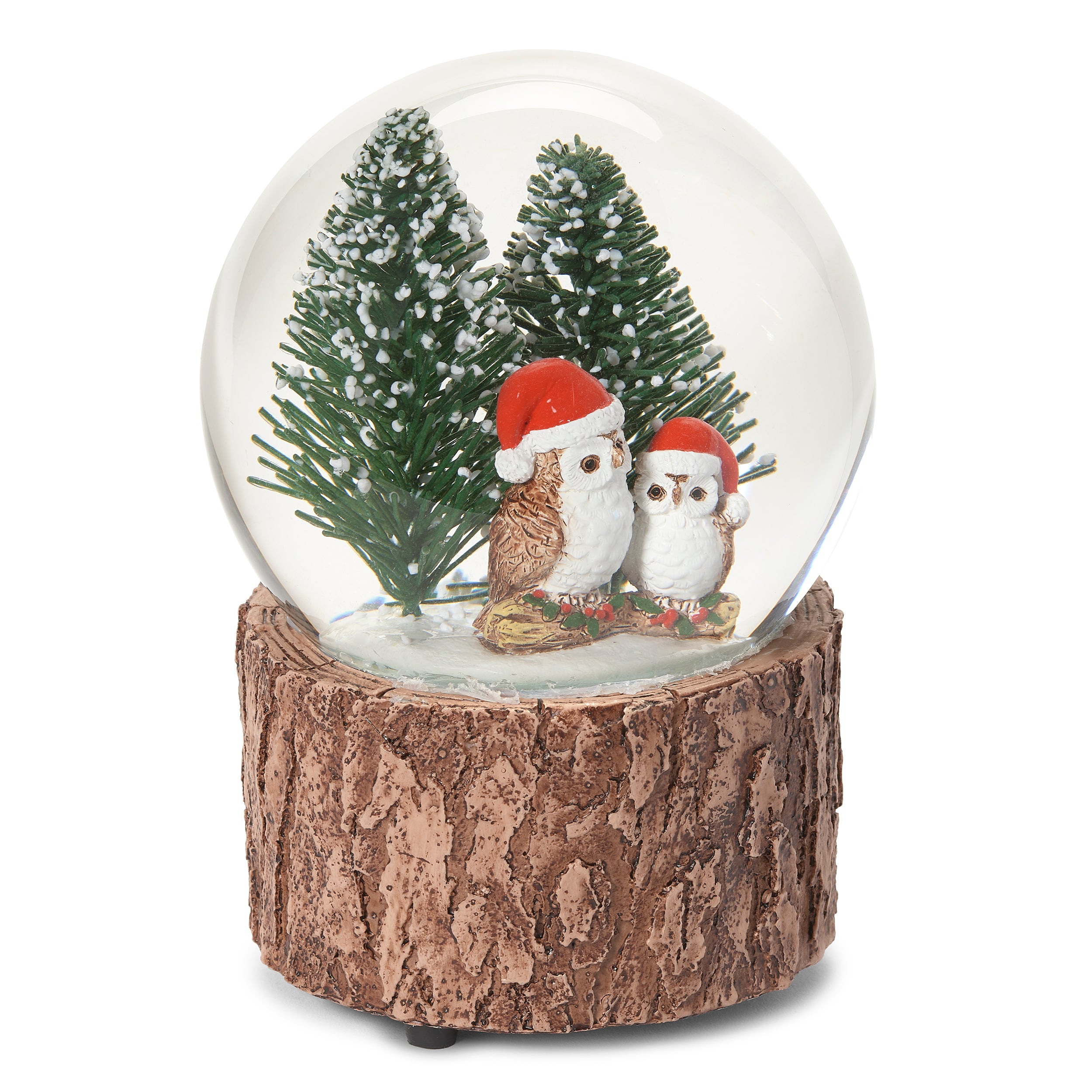 Snow globe with two owls wearing Santa hats and a Christmas tree inside, on a wooden base.