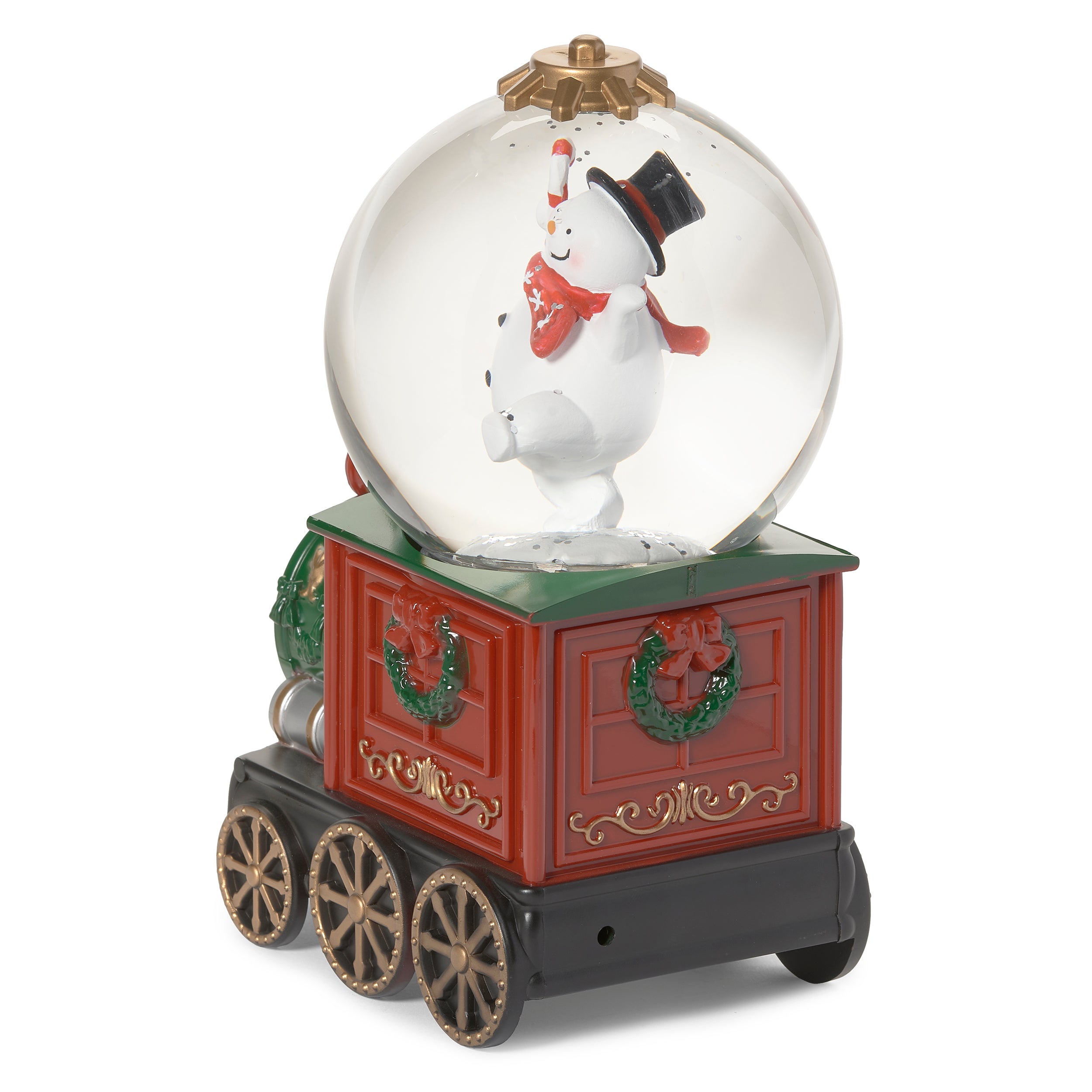 Decorative snow globe with a train design on a white background