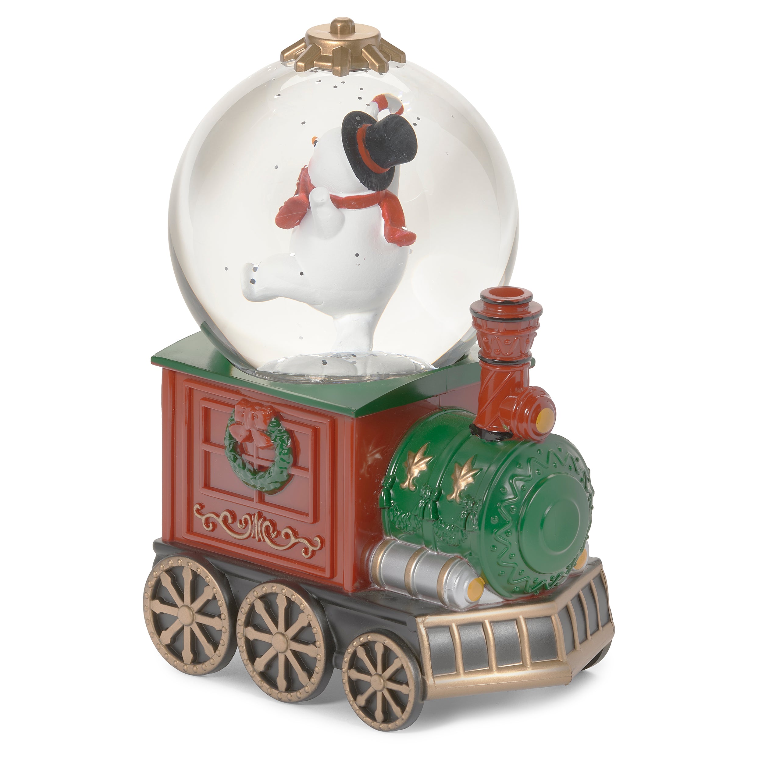 Decorative snow globe with a train design on a white background