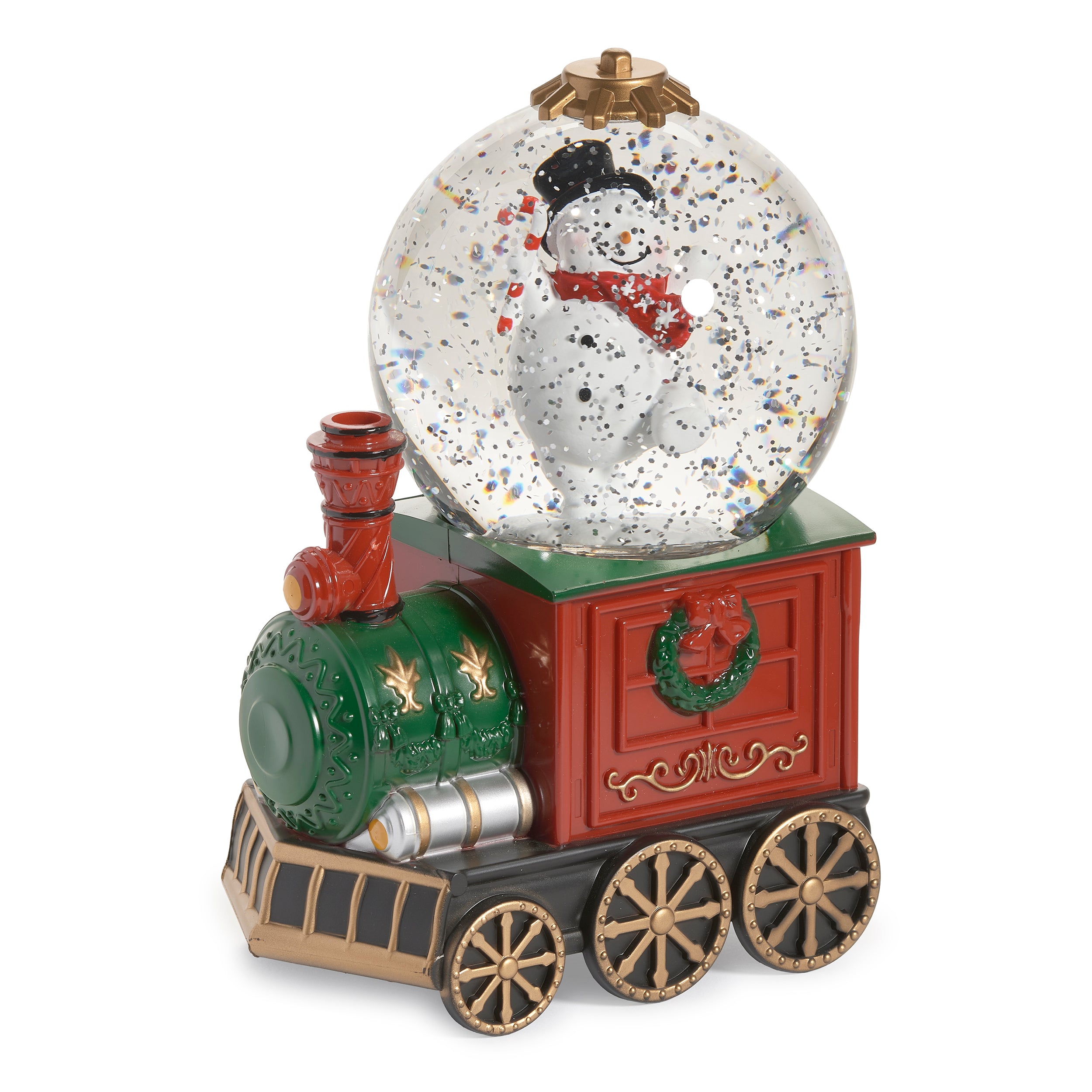 Decorative snow globe with a train design on a white background