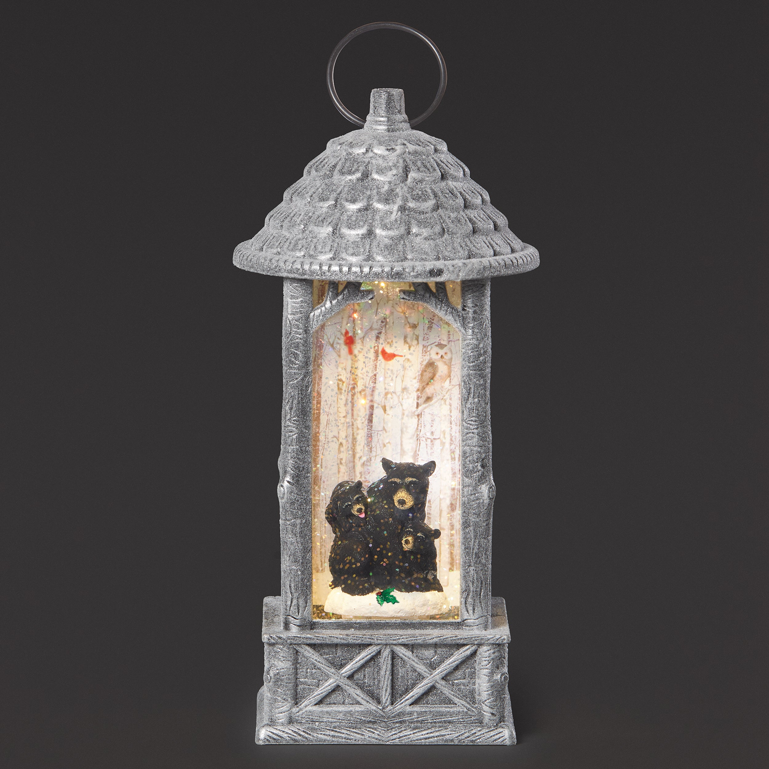Confetti Lites Lighted Swirl Silver Lantern with Bear Family & Birch Trees
