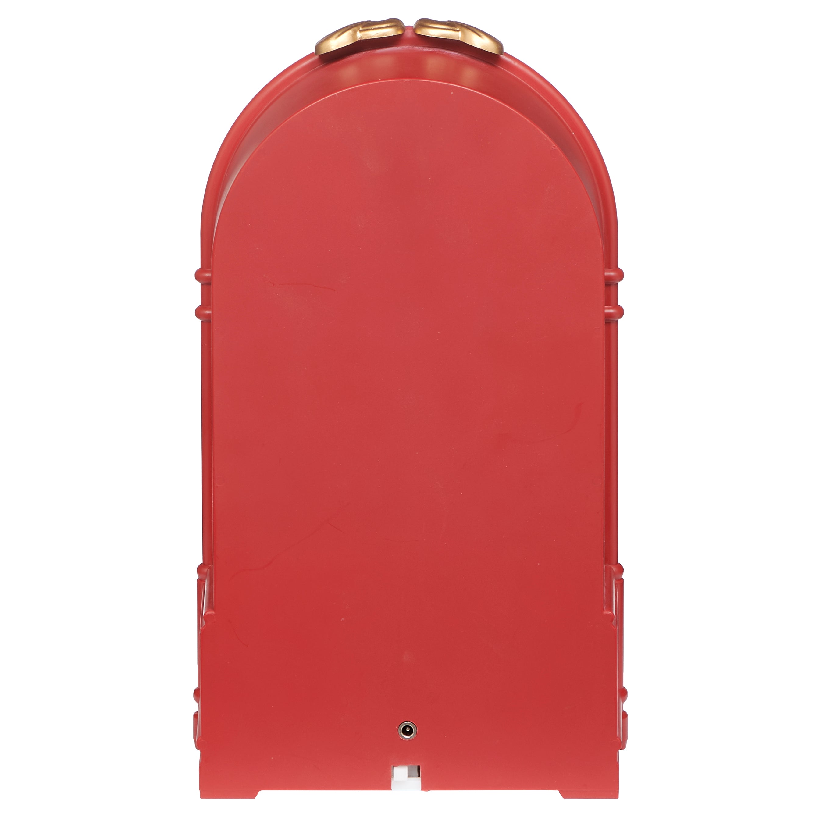 Back view of red juke box on white background