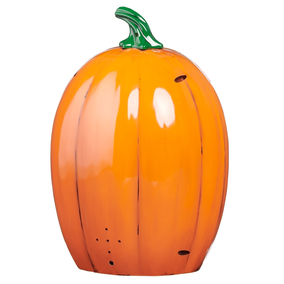 Rear view of jack-o’-lantern decoration showing the ribbed orange pumpkin shell and green stem.