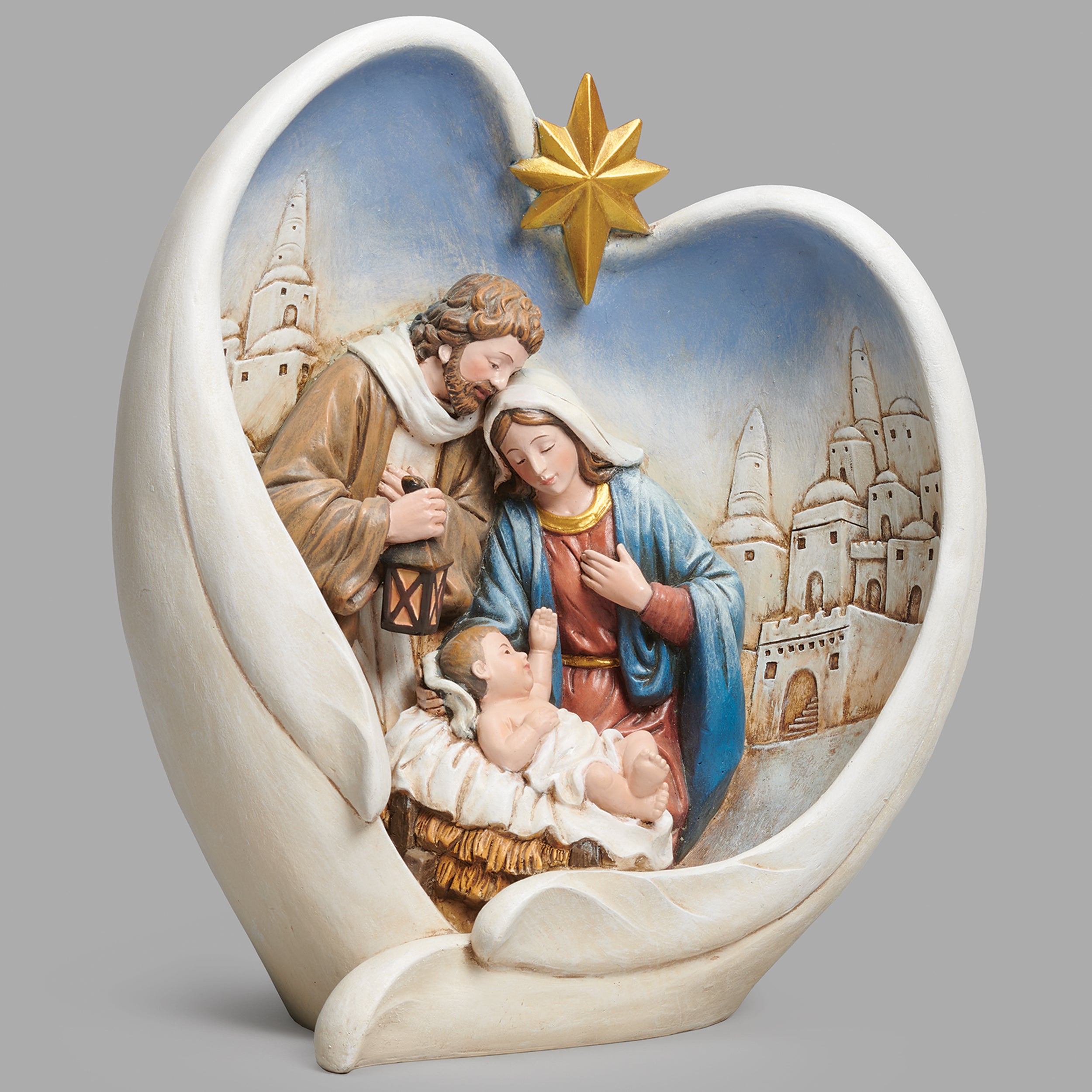 Holy Family in Heart-Shaped Wings with City Backdrop