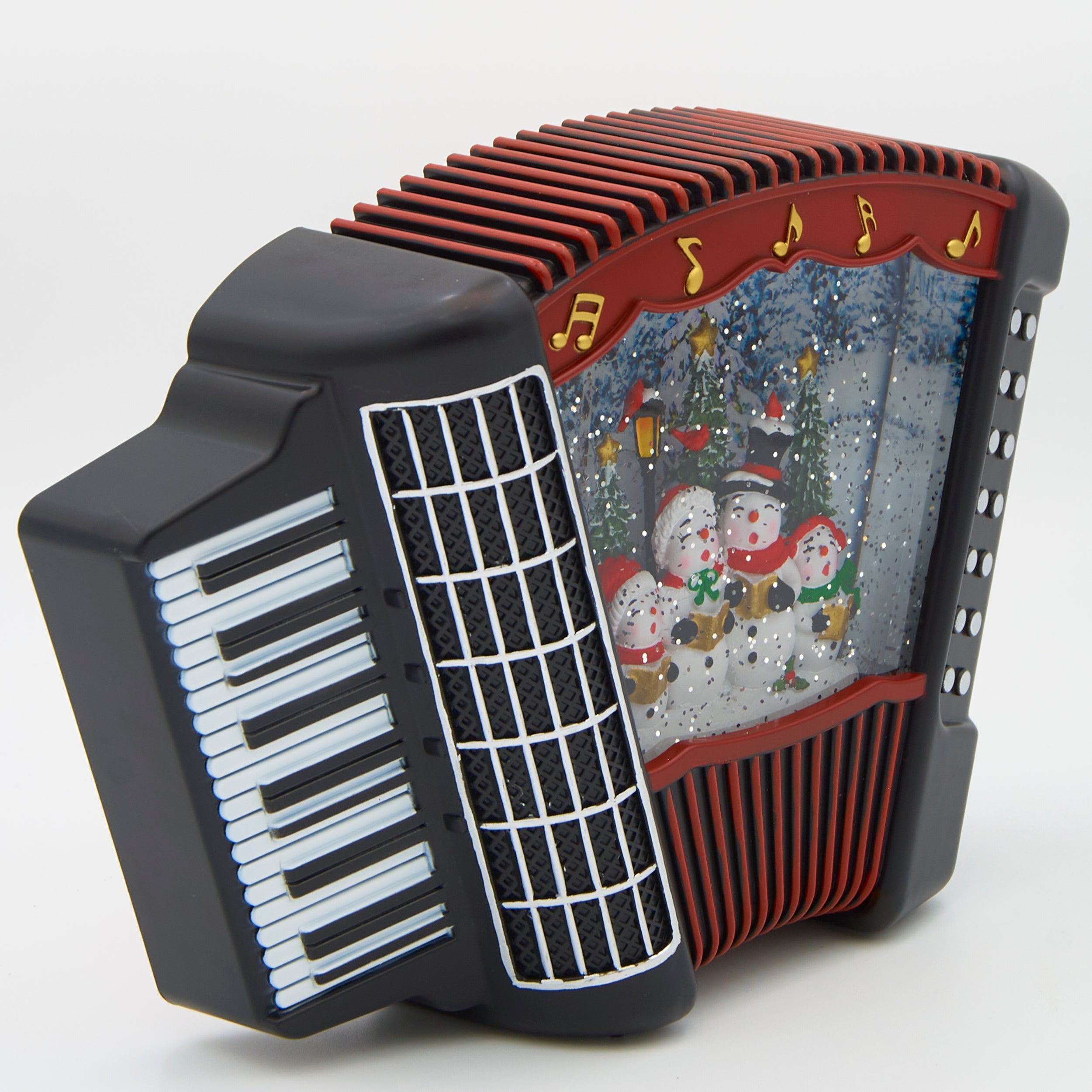 Accordian with a snow globe design featuring snowmen on a white background