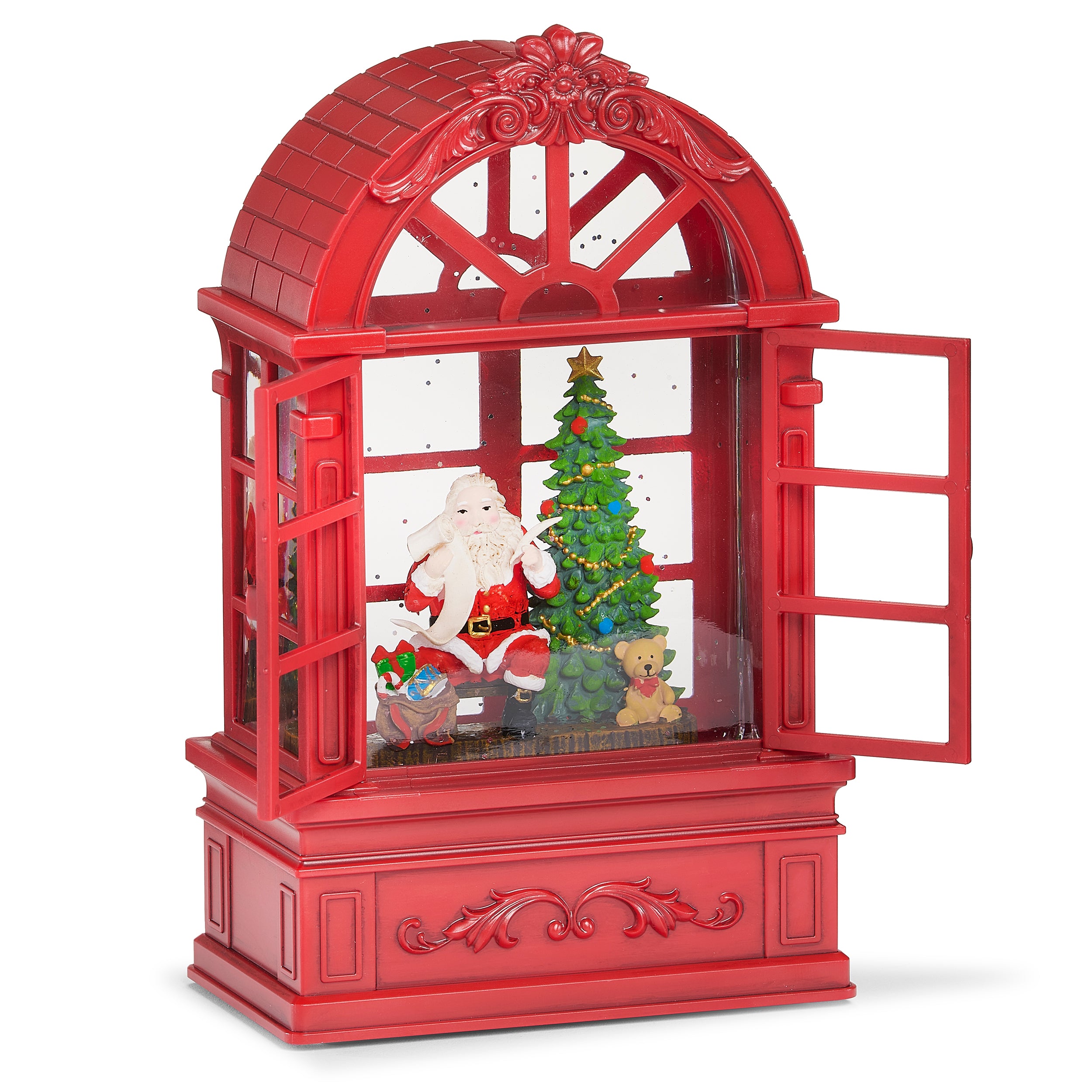 Decorative Christmas scene with Santa Claus and tree inside a red window frame on a white background.