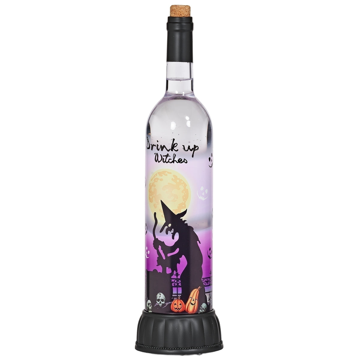 Front view of “Drink Up Witches” bottle showing the witch silhouette, yellow moon, black neck, and ridged black base.