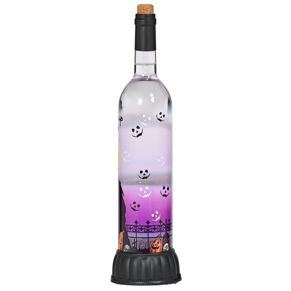 Angled view of Halloween glitter bottle showing purple scenery, flying bats, and small pumpkins near the base.