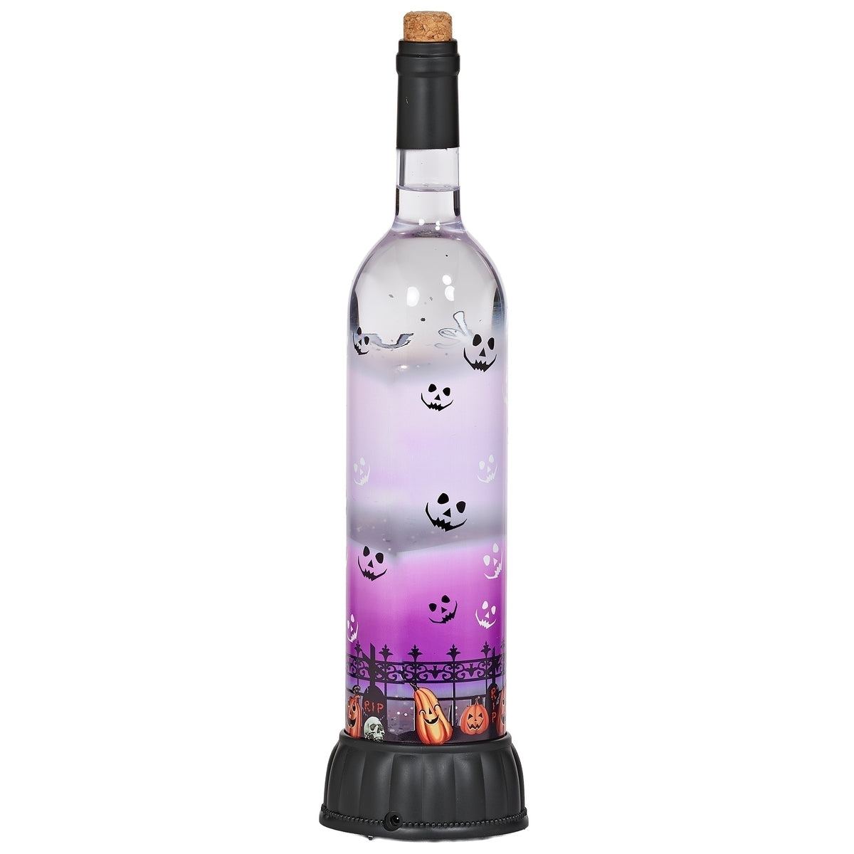 Alternate view of Halloween glitter bottle showing the clear upper chamber and purple scene above a black base.