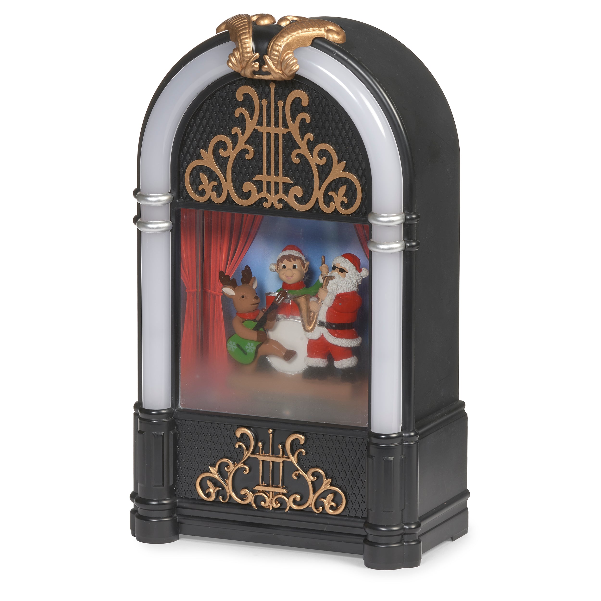 Decorative figurine with Santa Claus and reindeer inside a black archway with gold detailing on a white background.