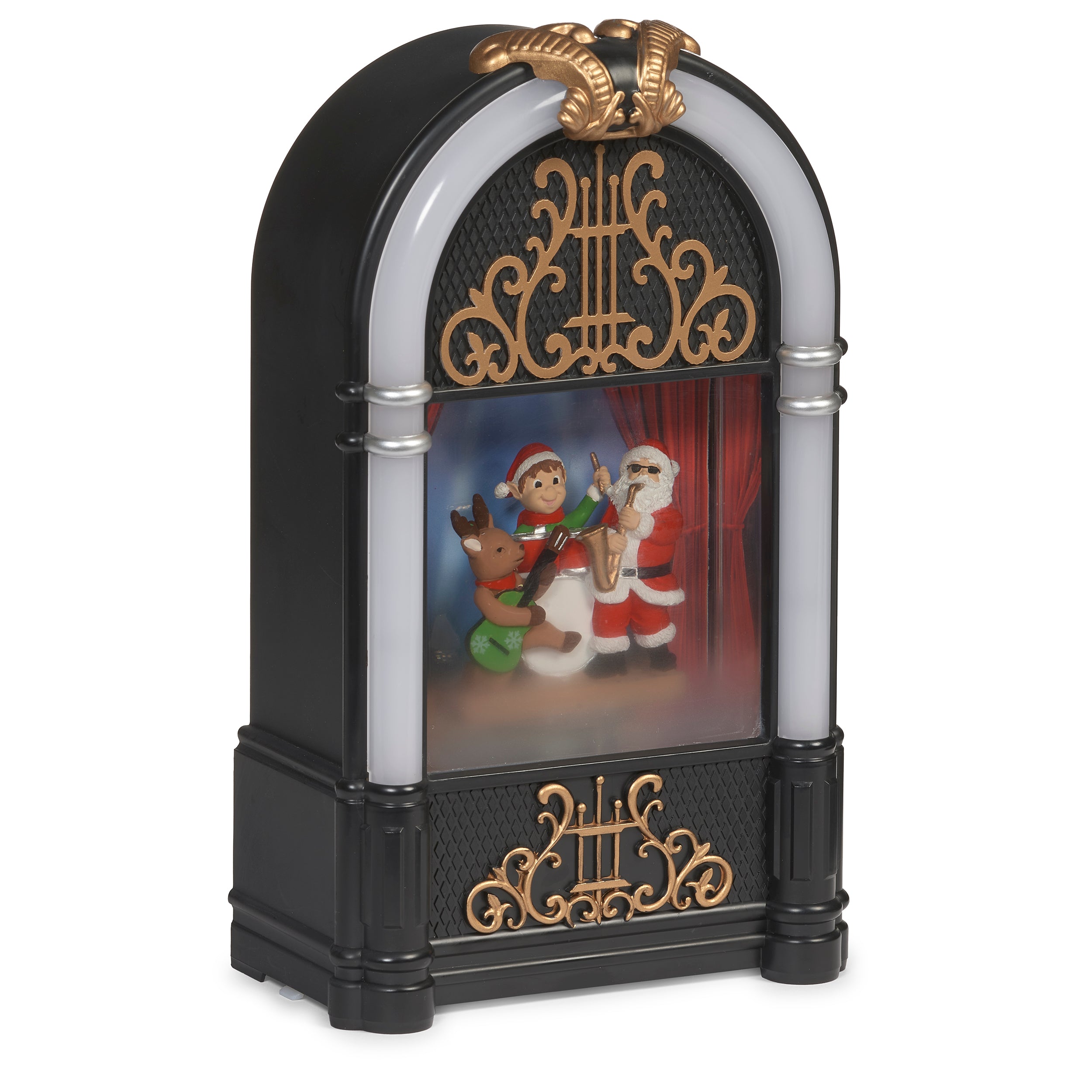 Decorative figurine with Santa Claus and reindeer inside a black and gold archway on a white background