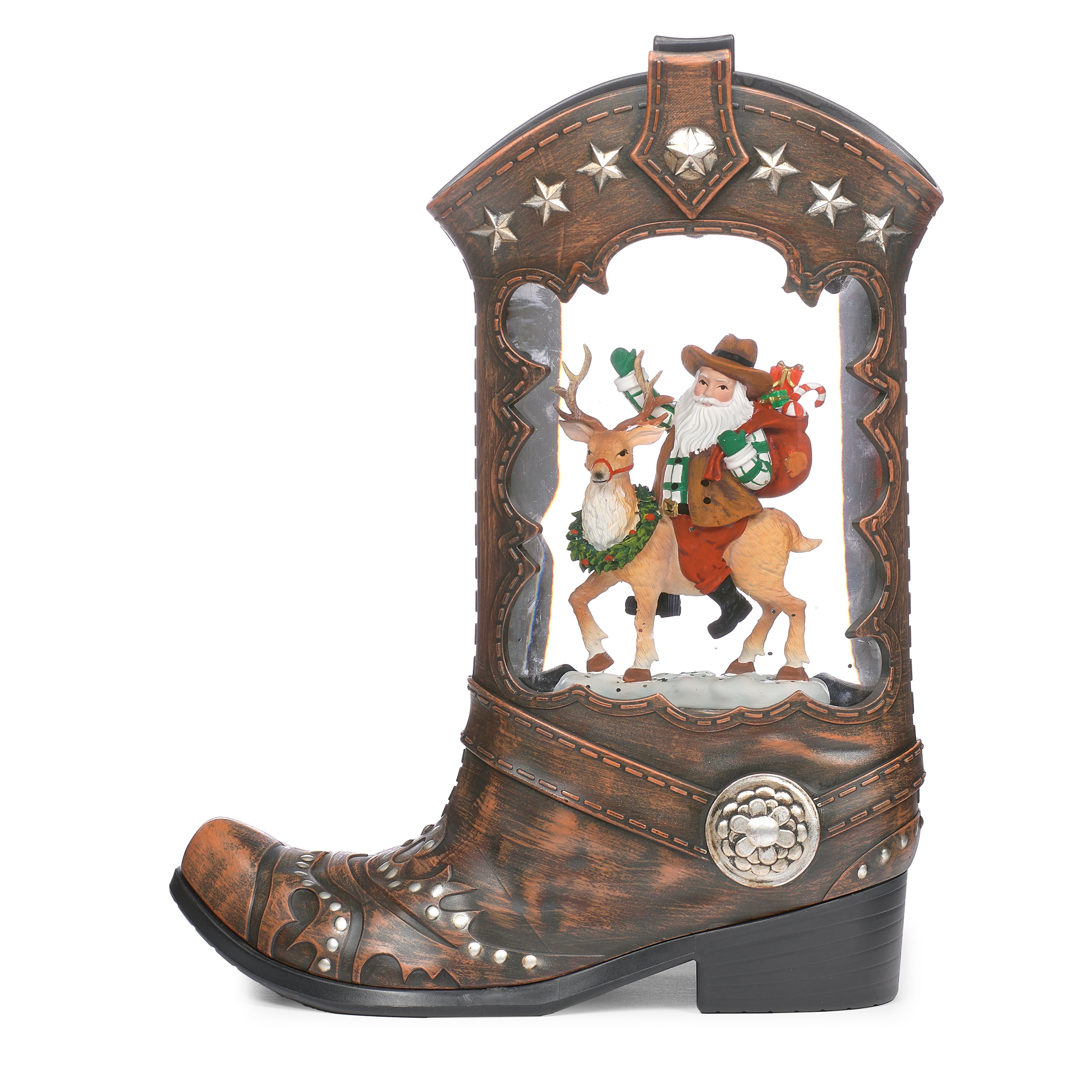 Decorative boot with a Santa Claus and reindeer scene inside on a white background