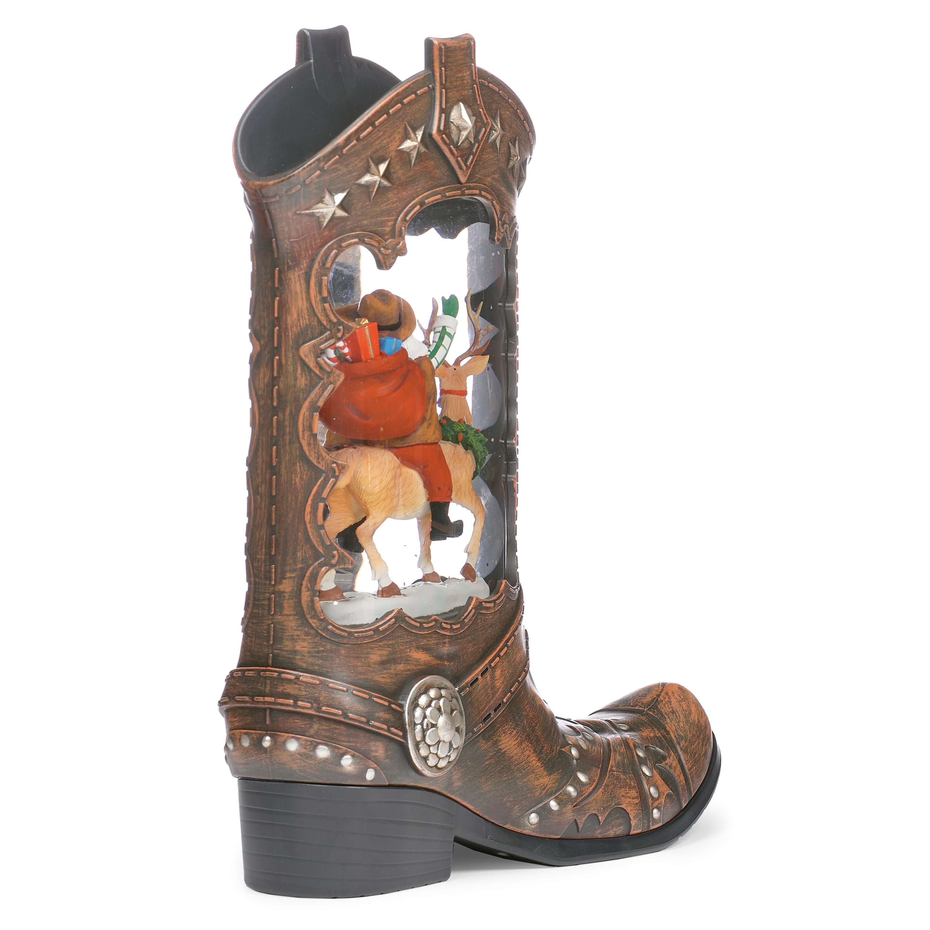 Decorative boot with a Santa Claus and reindeer scene inside on a white background