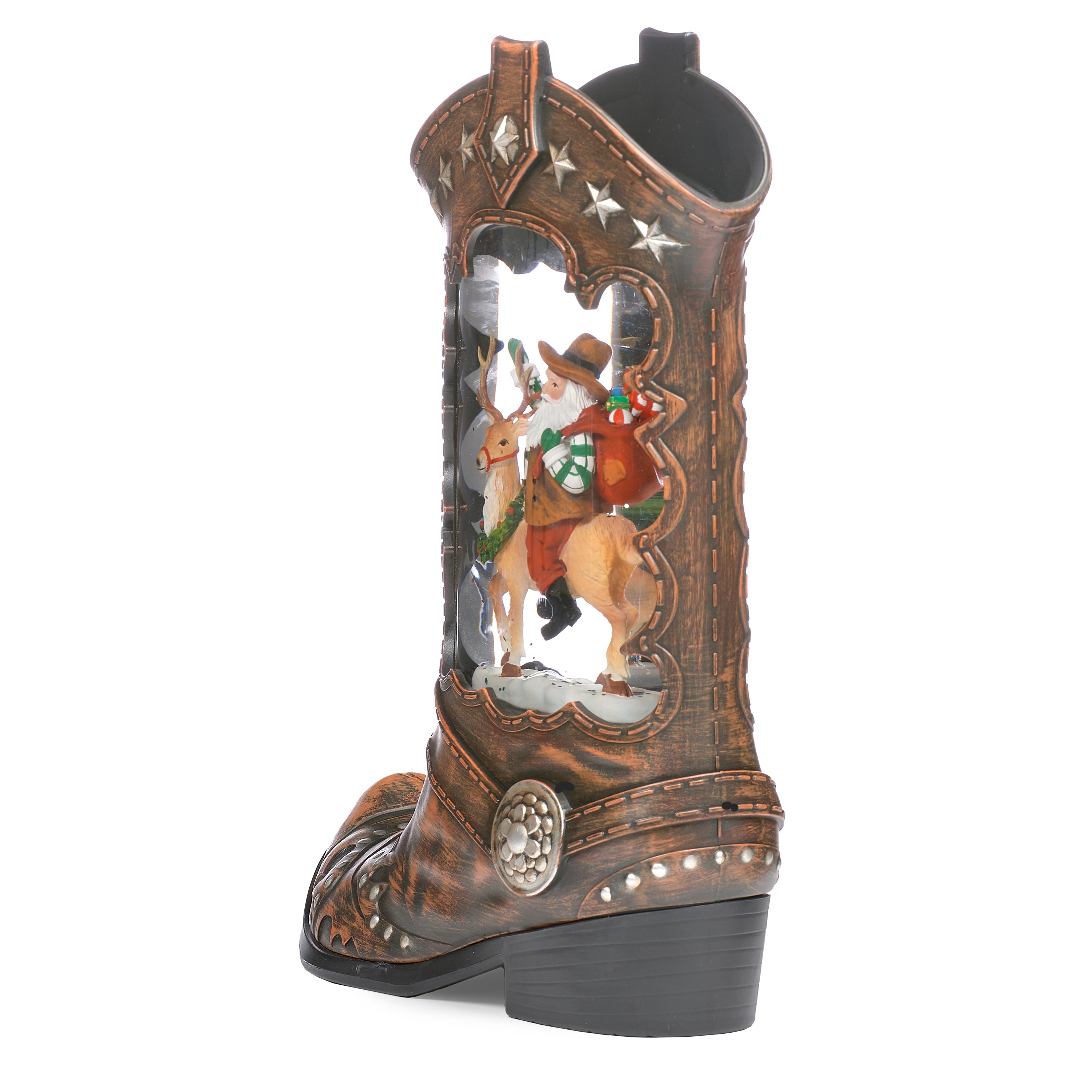 Decorative boot with a Santa Claus and reindeer scene inside on a white background