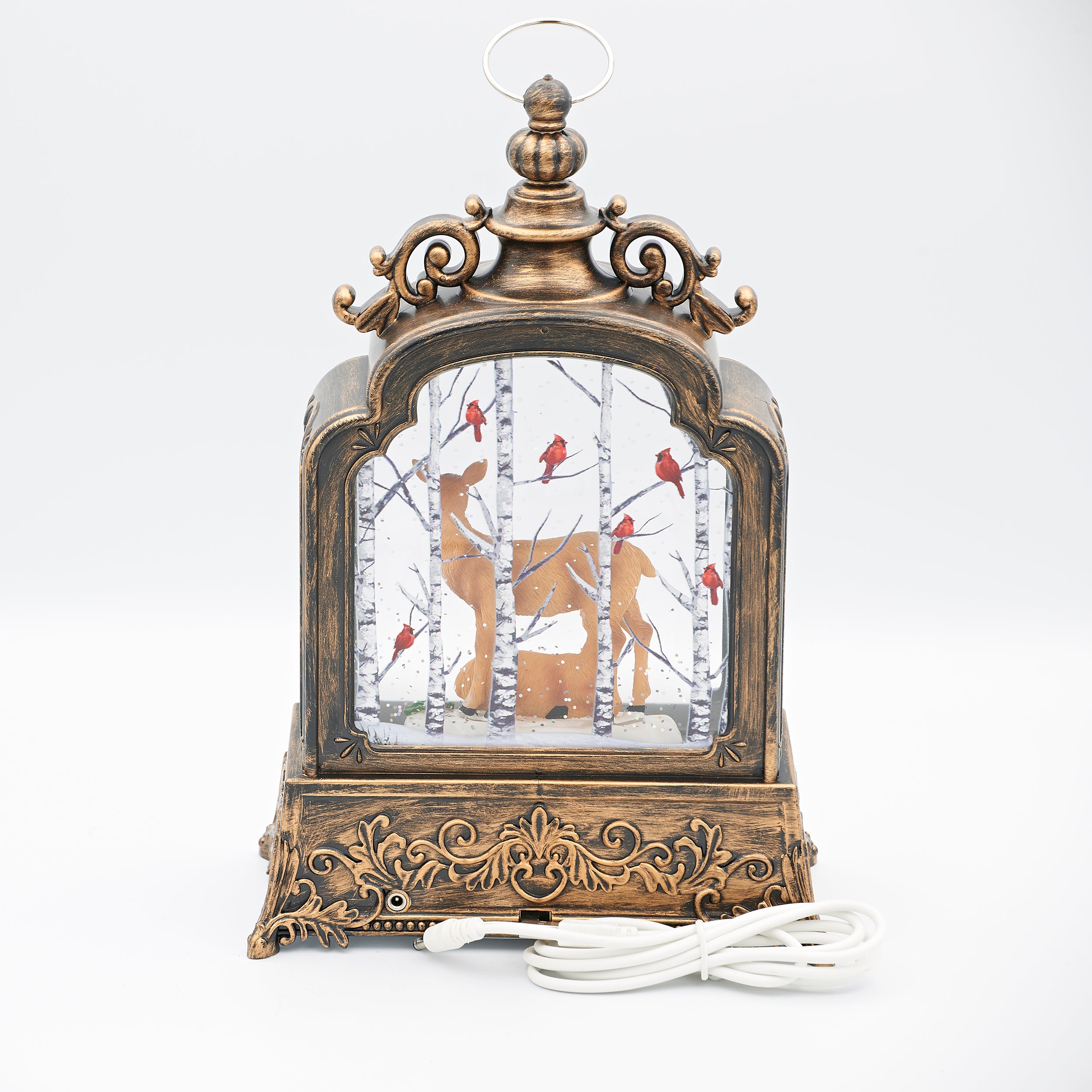 Confetti Lites Lighted Swirl Antique Lantern with Deer Family & Cardinals in Birch Trees