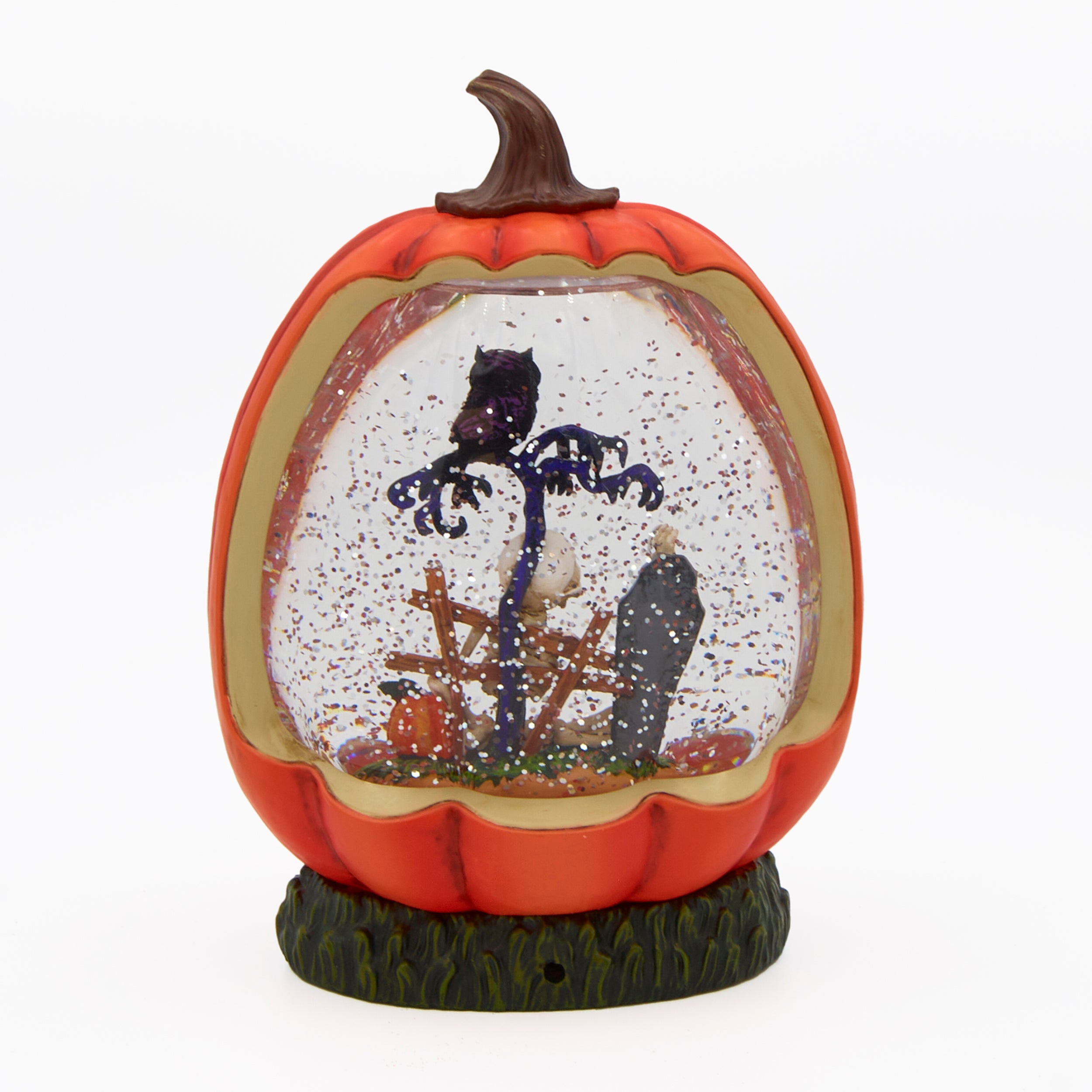 Glitterdome Lighted Swirl Pumpkin Shape with Halloween Scene
