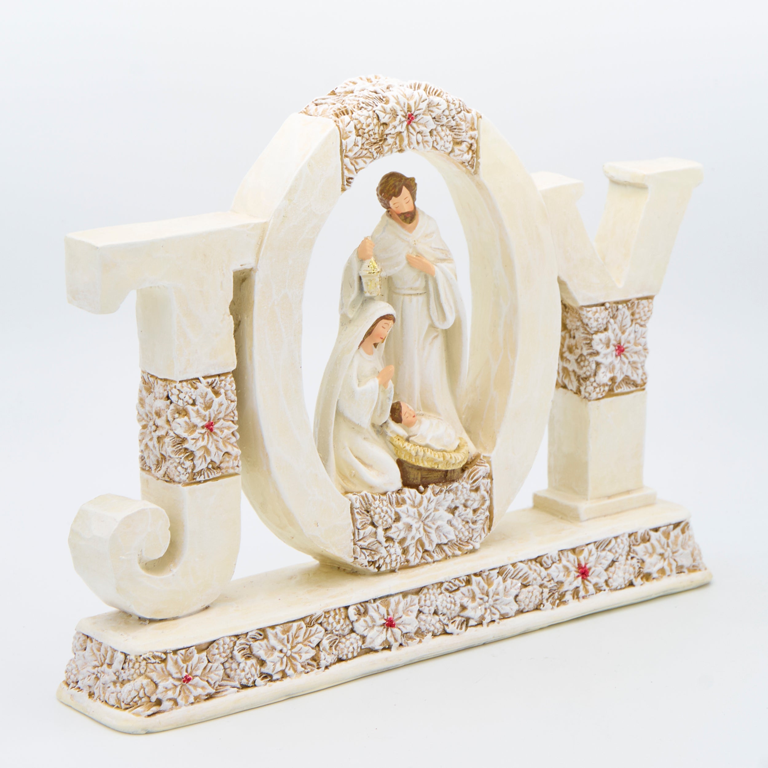 JOY Holy Family Figure with Poinsettia Pattern