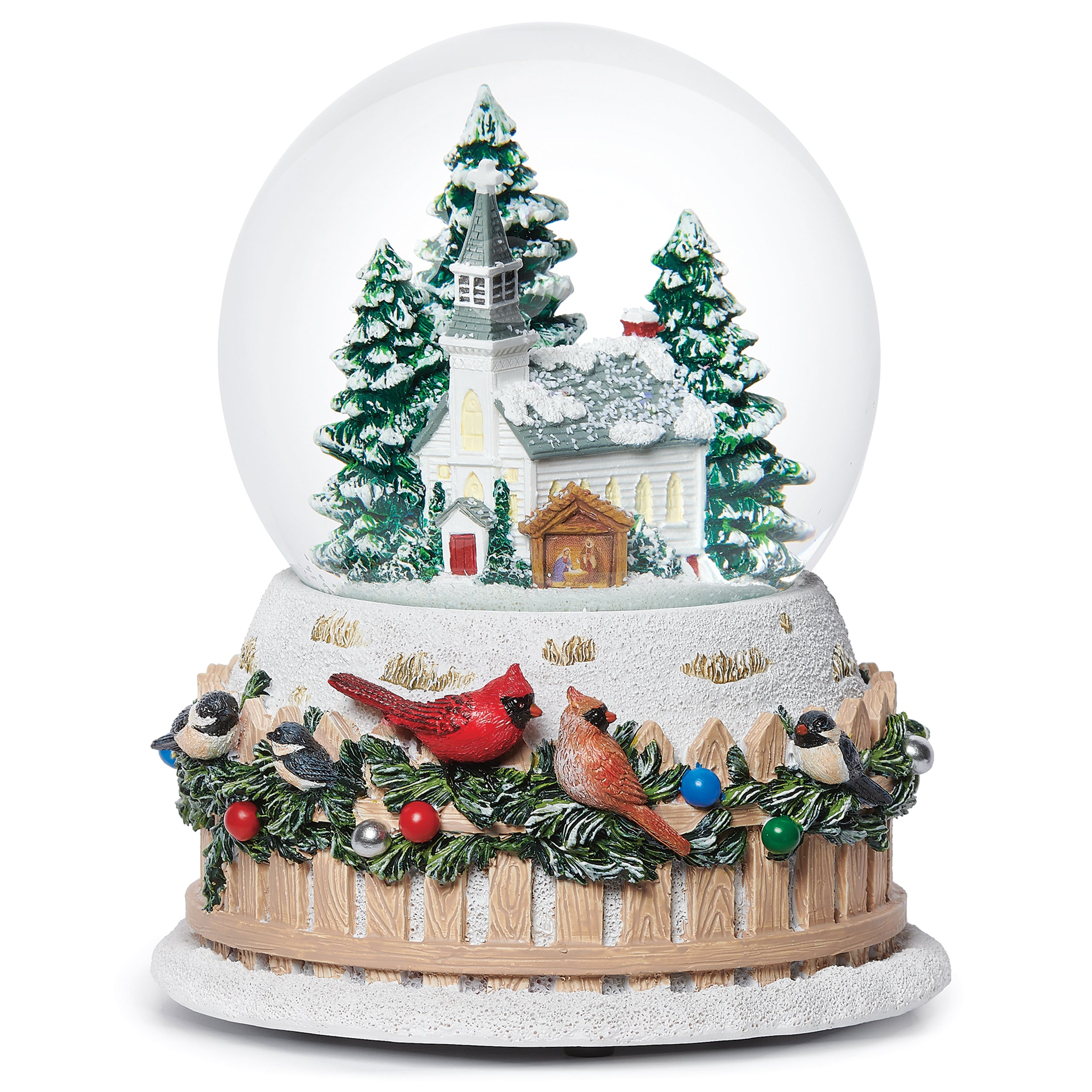 Glitterdome Musical with Church & Birds on Fence – "We Wish You a Merry Christmas" Tune