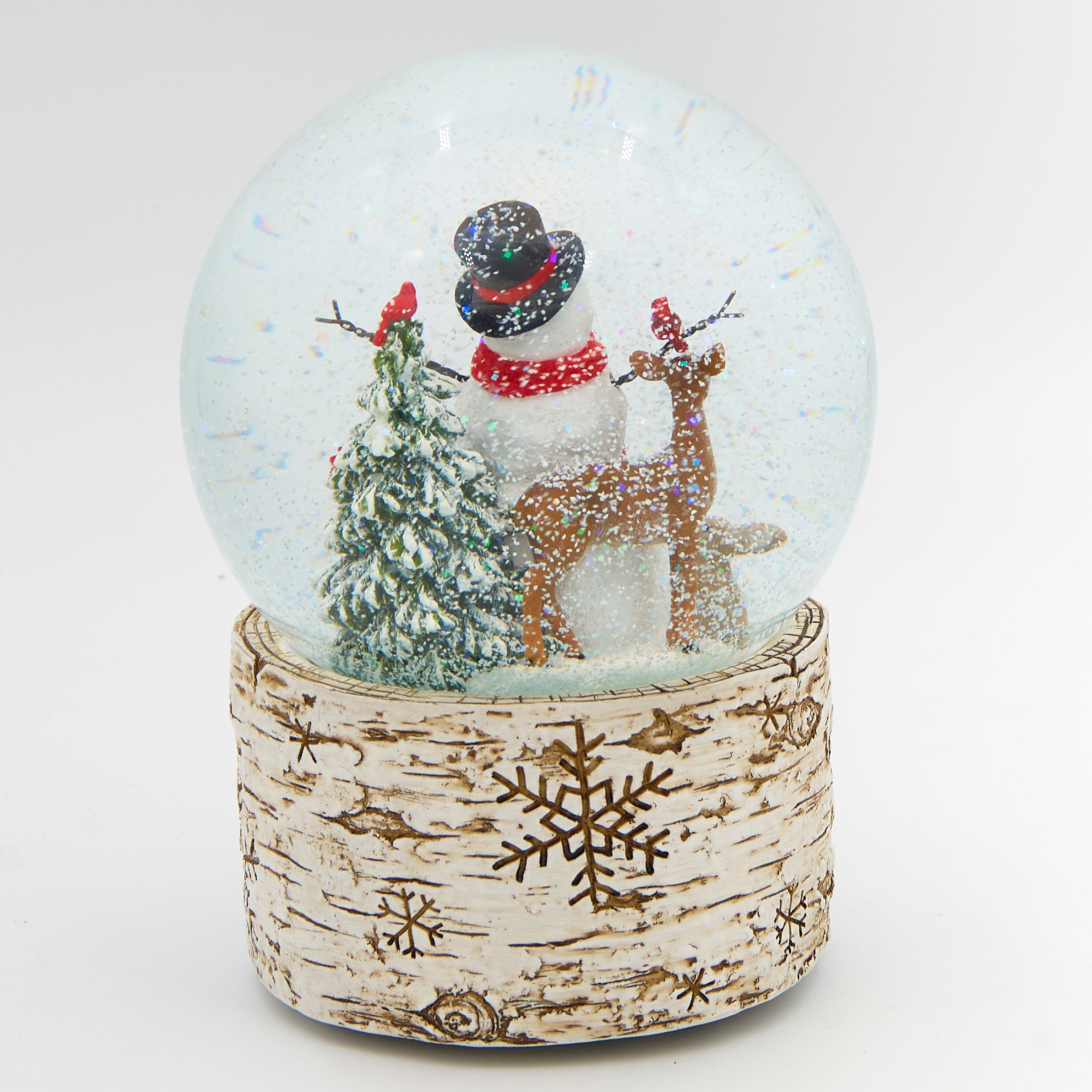 Glitterdome Musical Snowman with Birch Base & Animals- "The First Noel" Tune