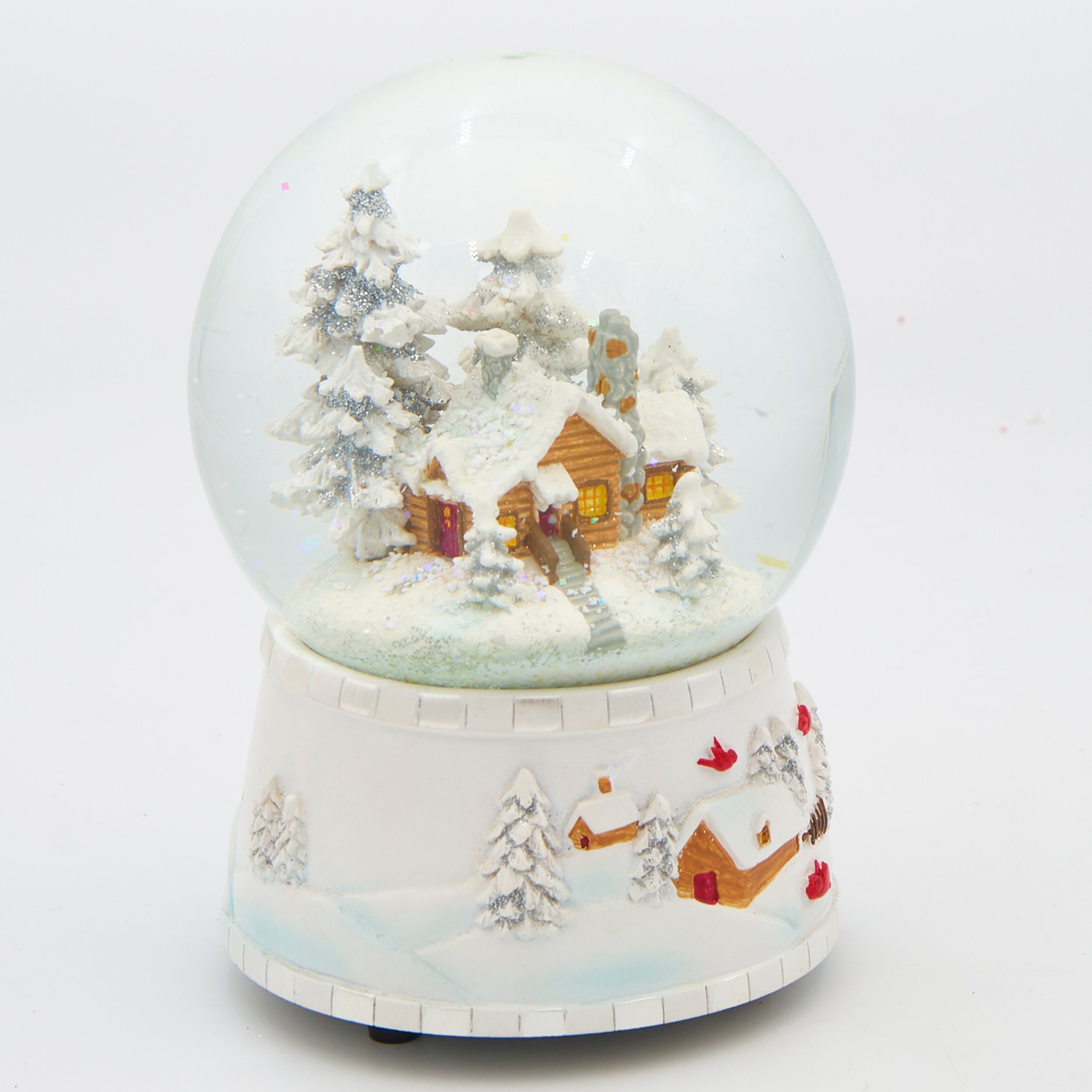 Glitterdome Musical with White Cabin & Silver Trees – "We Wish You a Merry Christmas" Tune