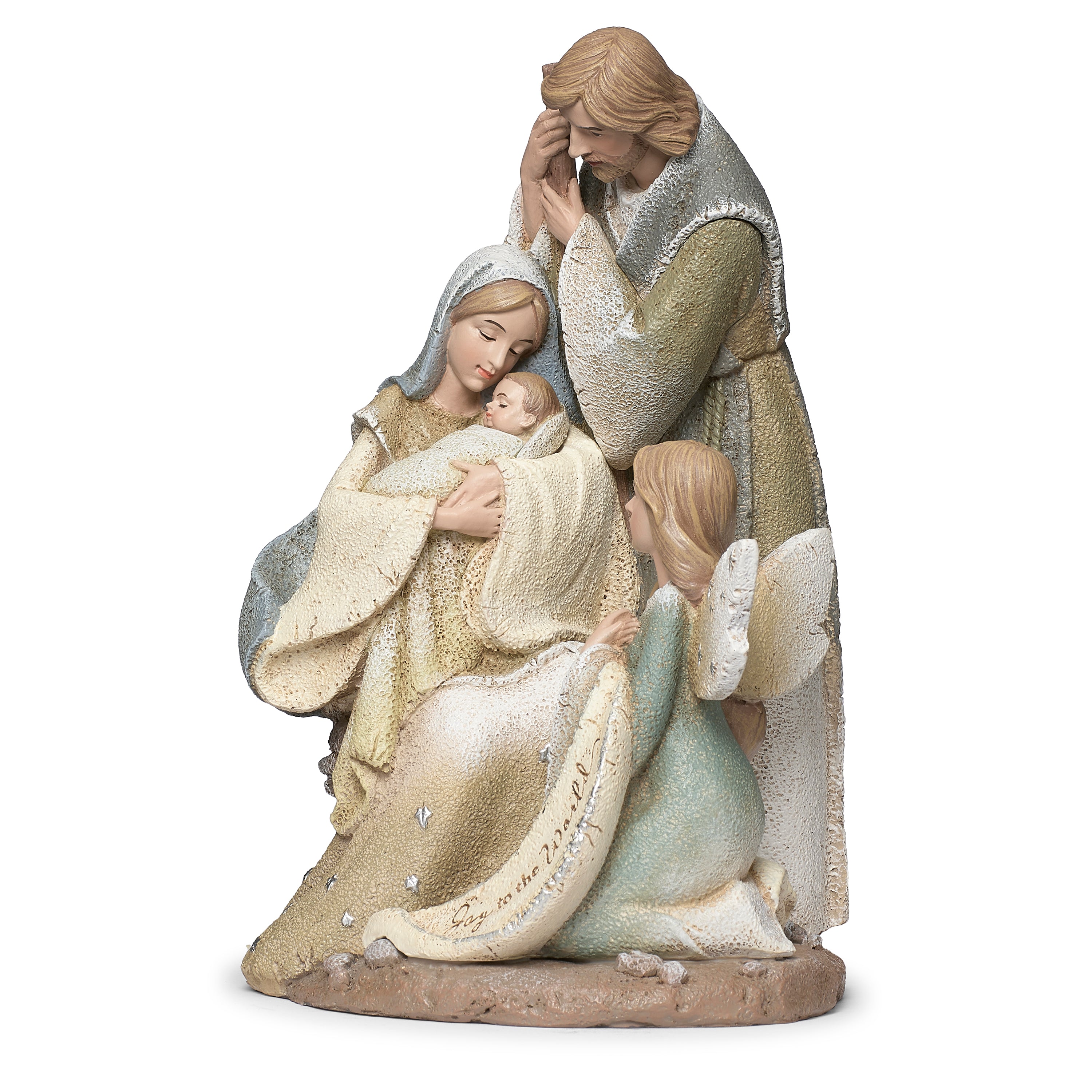 Nativity scene figurine with an angel, Mary, Joseph, and baby Jesus on a white background