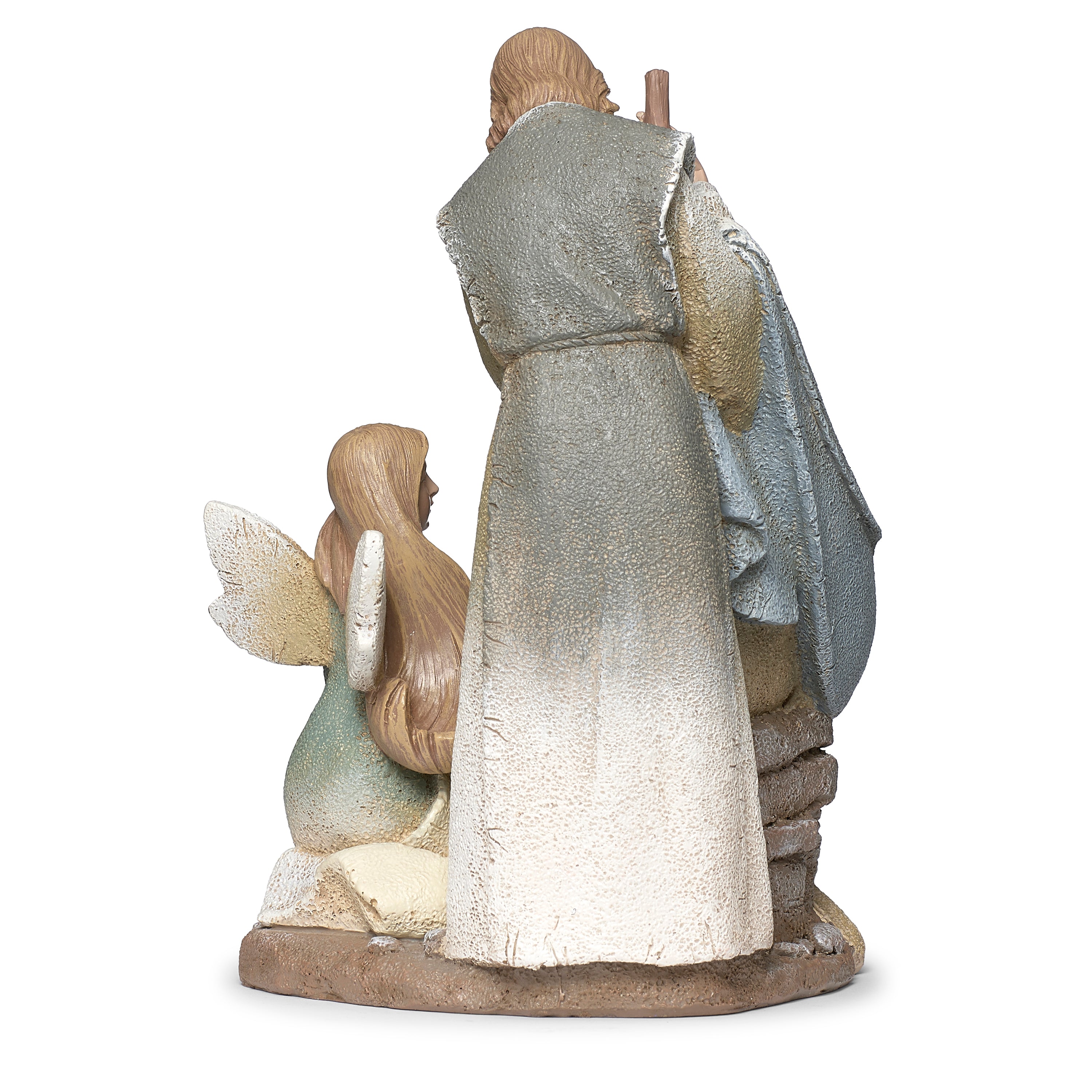 Nativity scene figurine with an angel, Mary, Joseph, and baby Jesus on a white background
