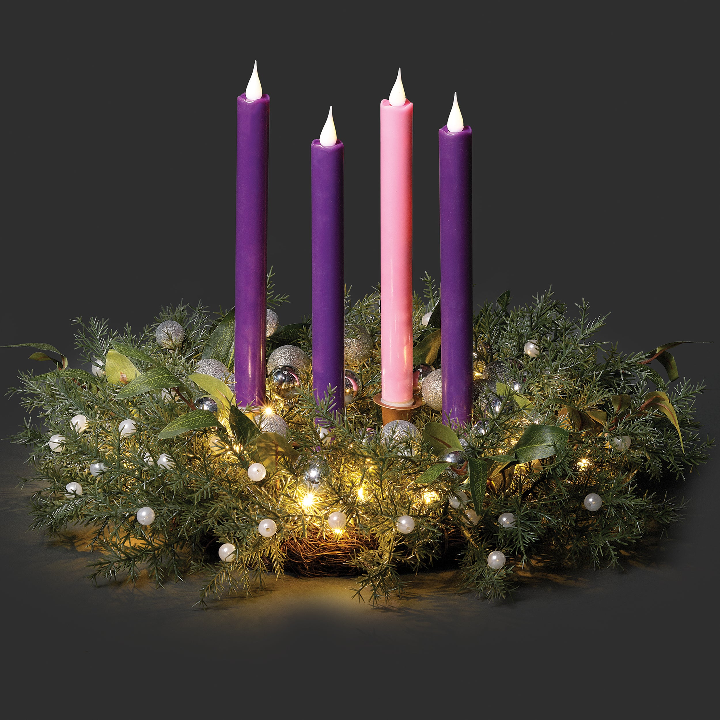 Pine with Silver Ornaments Advent Wreath Candle Holder