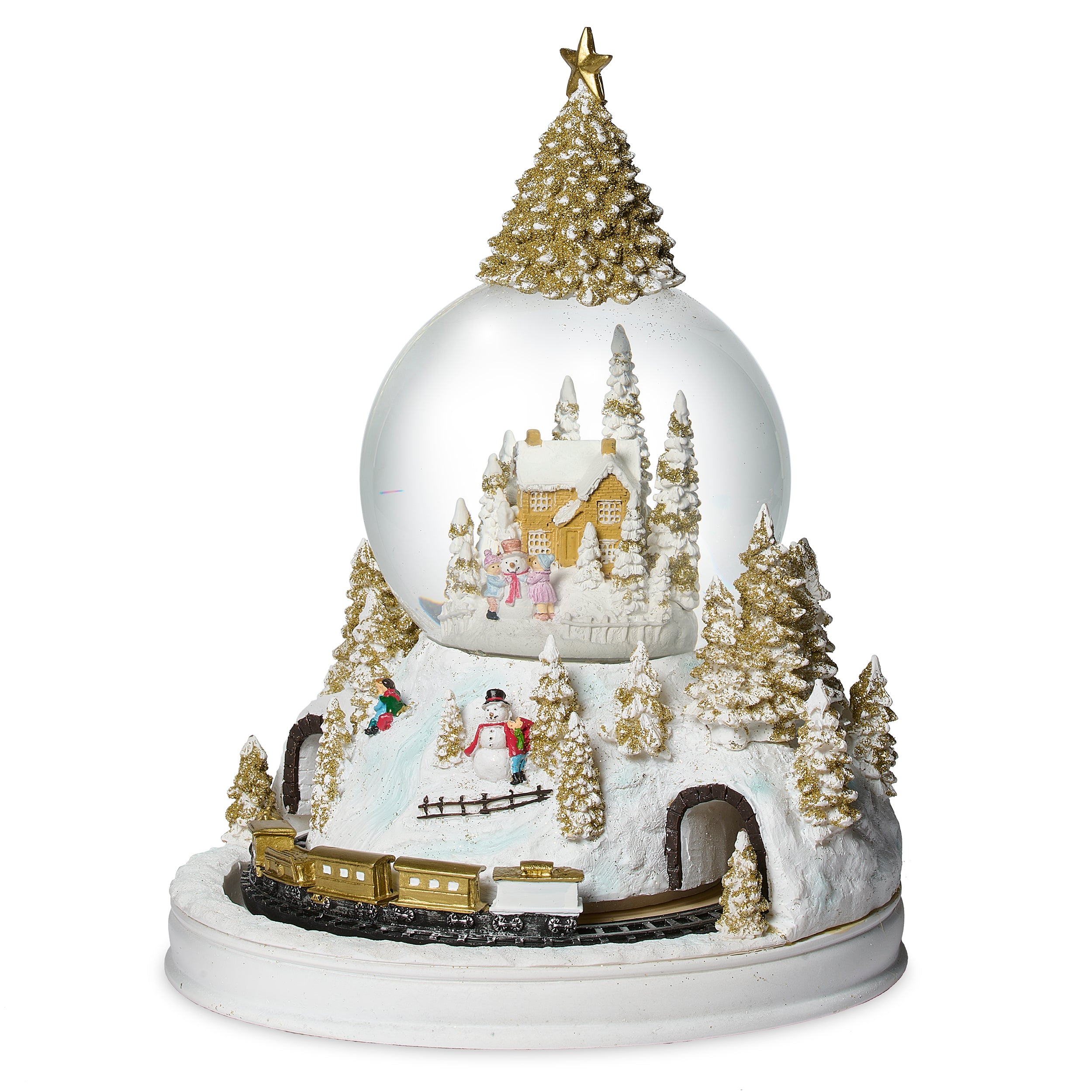 Decorative snow globe with a Christmas scene featuring trees, a house, and animated figures.