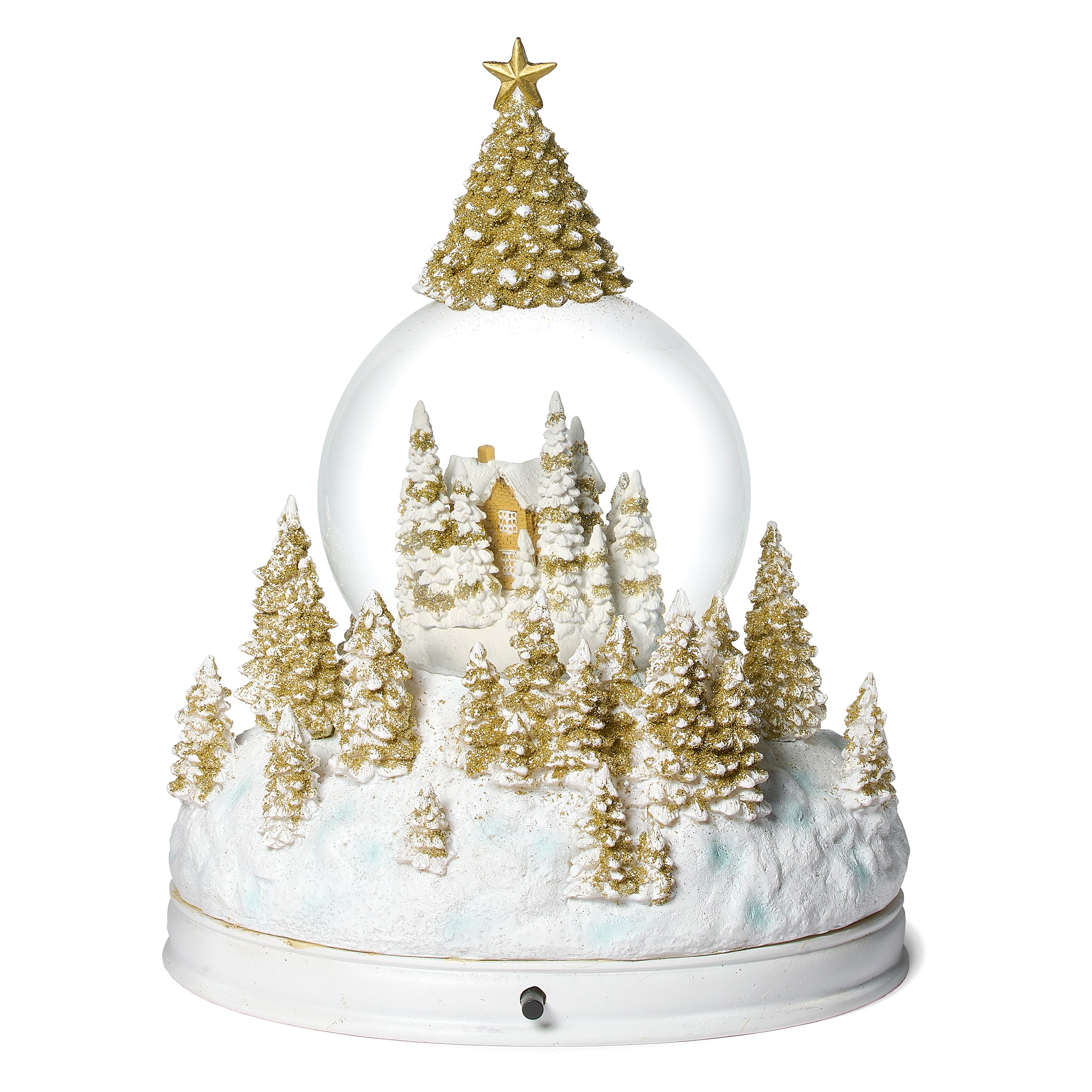 Snow globe with a Christmas tree and snowy landscape on a white background