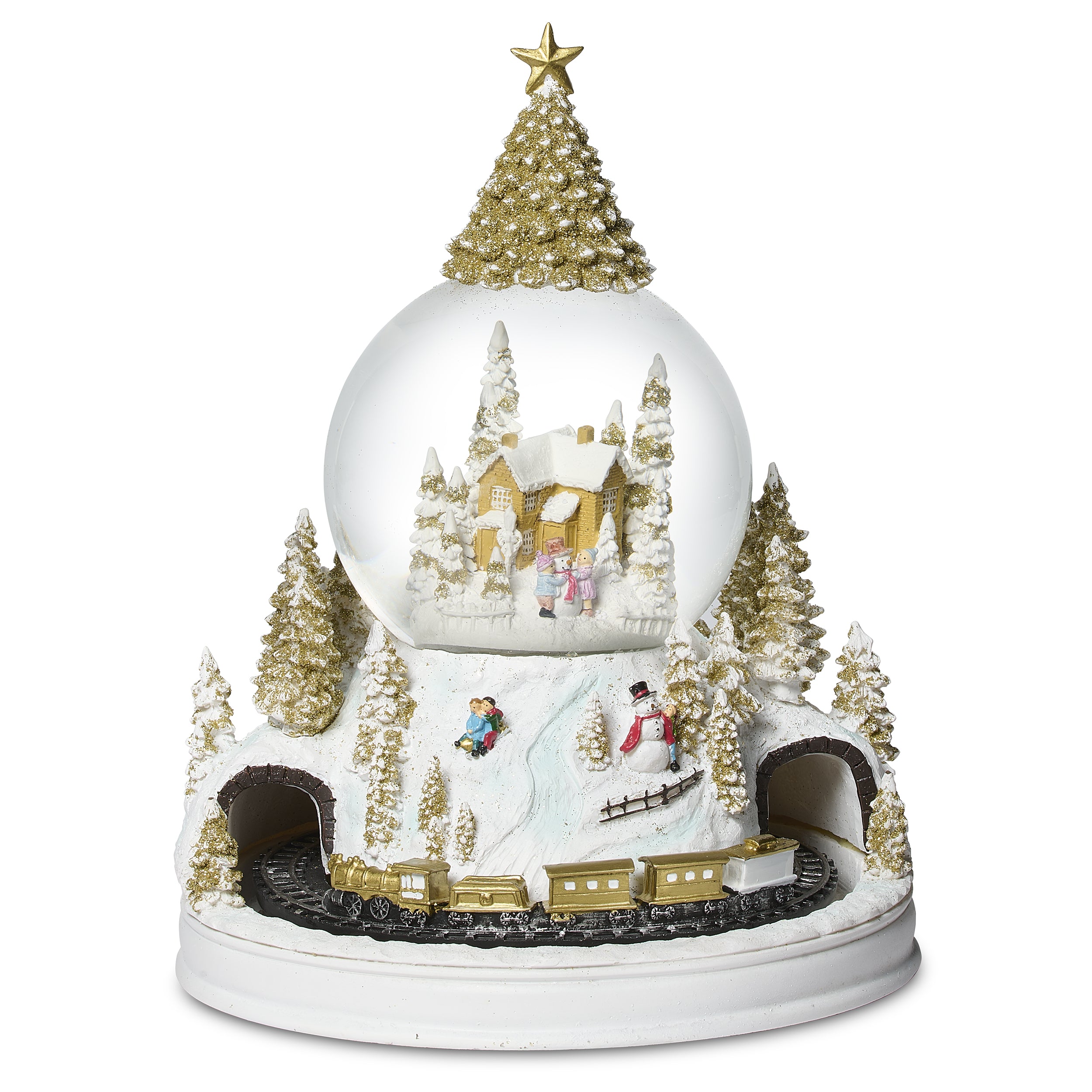 Decorative snow globe with a Christmas scene featuring trees, a house, and animated figures.