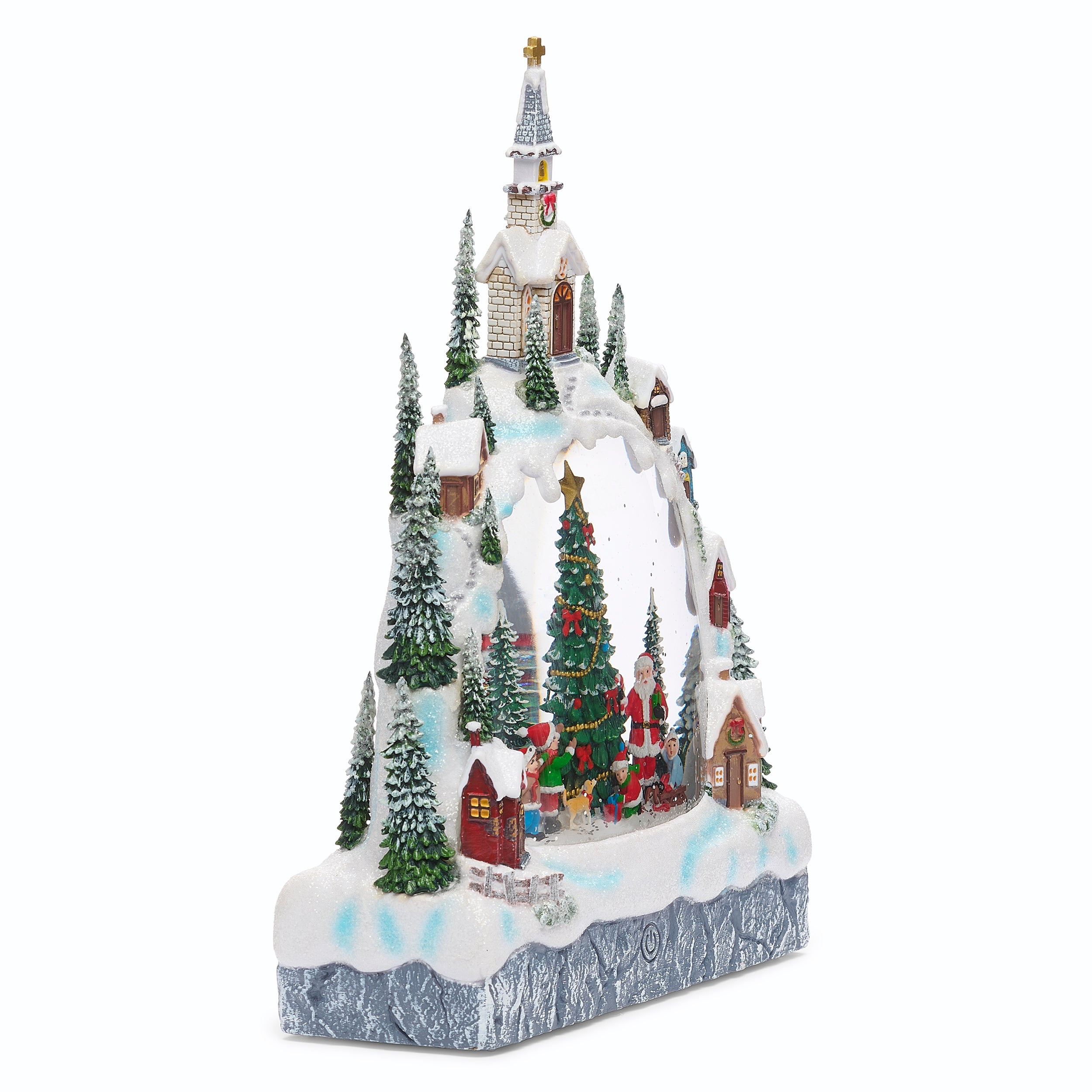 Christmas village scene with a church, trees, and Santa Claus on a white background