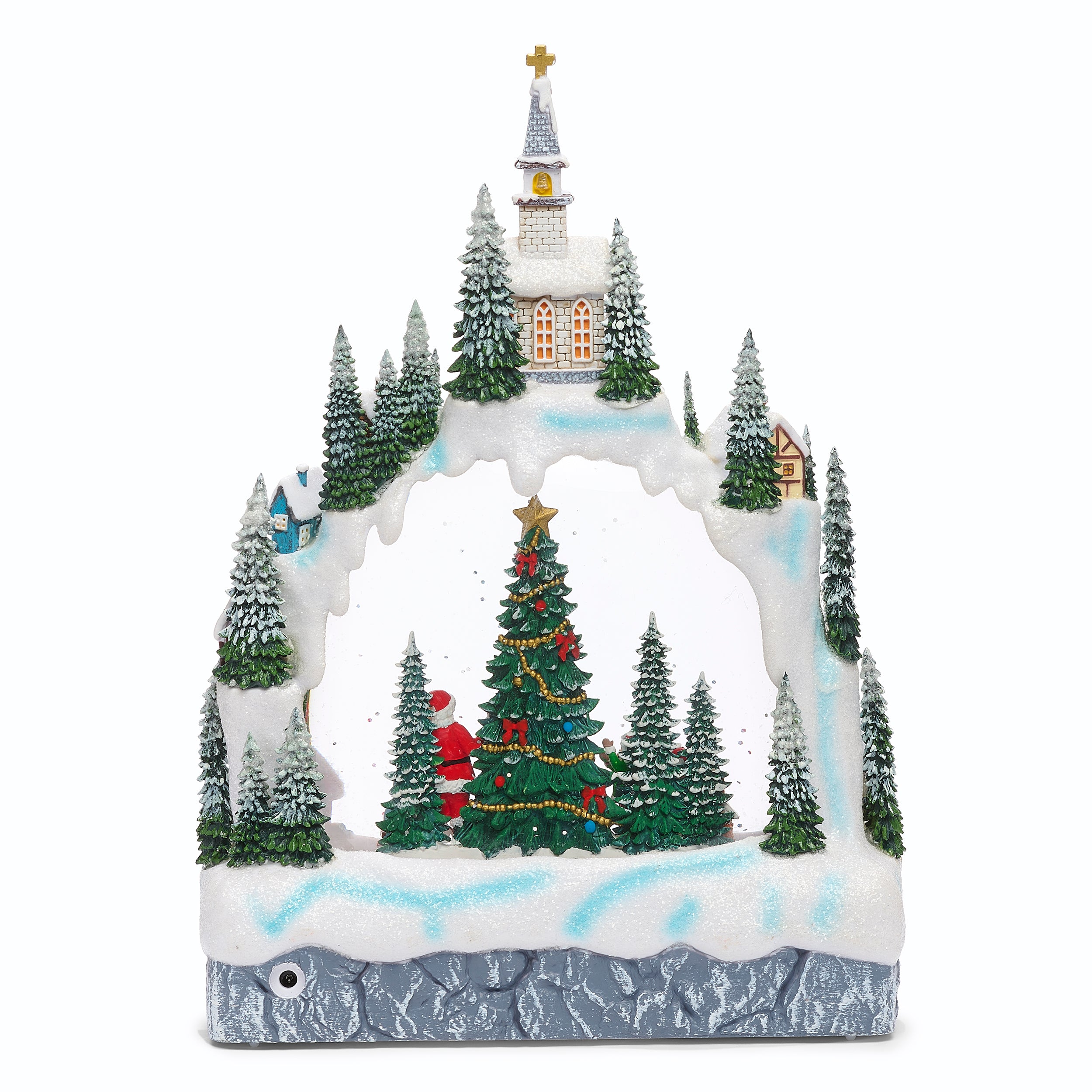 Christmas village scene with a church, trees, and Santa Claus on a white background