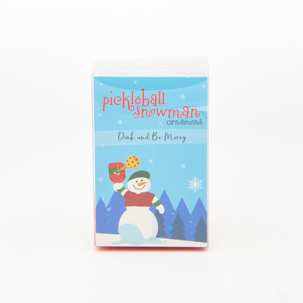 Pickleball snowman ornament packaging with a light blue background and an illustration of the snowman holding a paddle.
