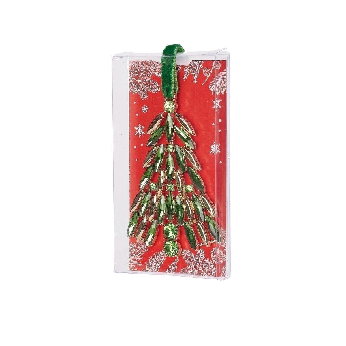 Gathering Tree ornament with a green ribbon mounted on a red display card.