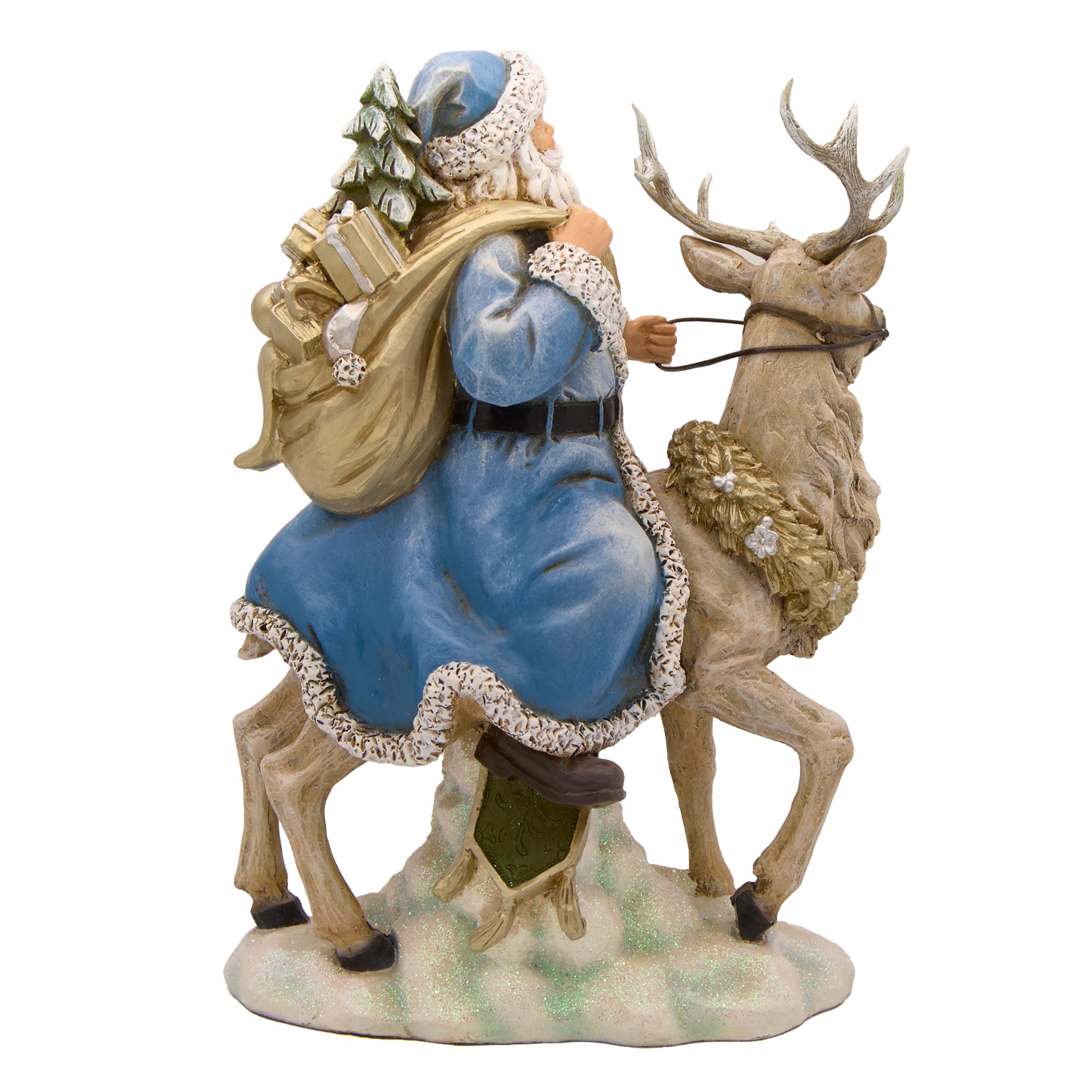 Santa Riding Reindeer with Blue Suit & Champagne Gold Bag