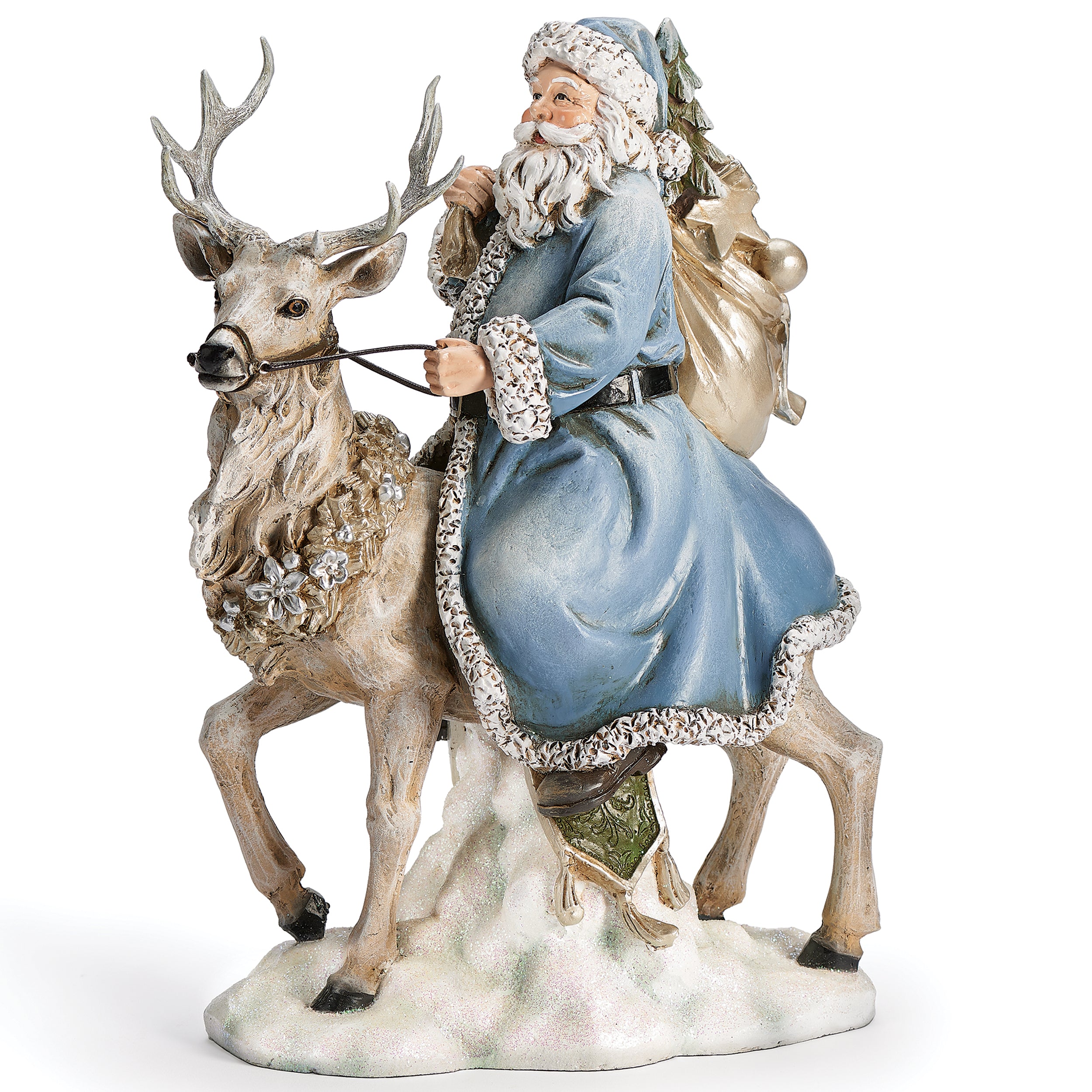 Santa Riding Reindeer with Blue Suit & Champagne Gold Bag