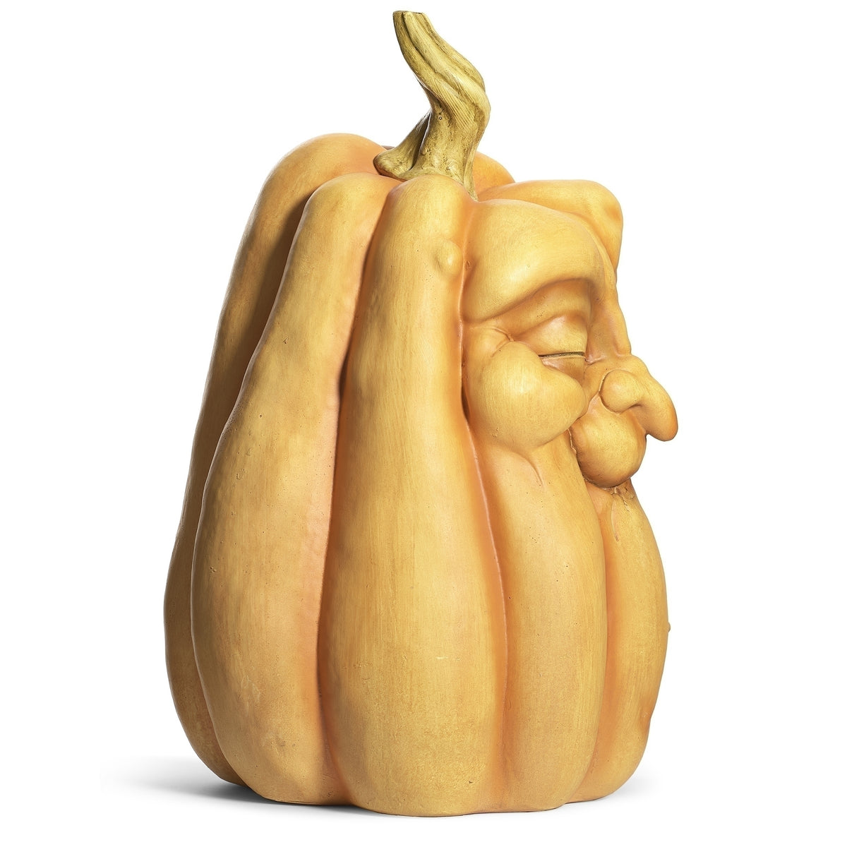 Side view of pumpkin showing the projecting nose, facial contours, and deeply ridged orange body.