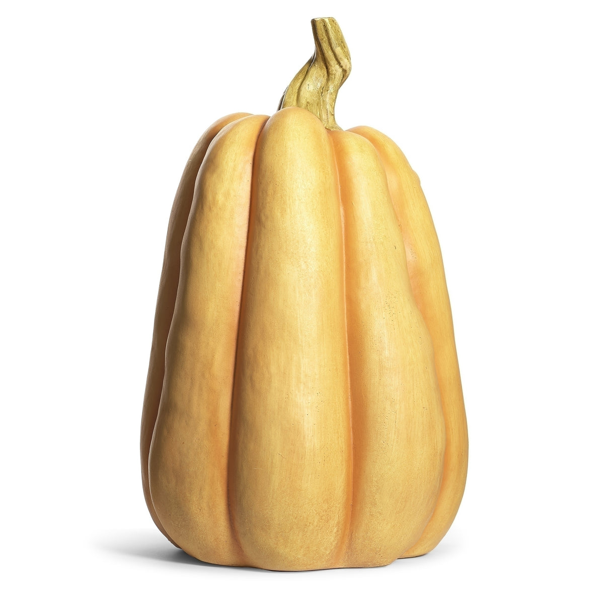 Rear view of pumpkin showing vertical ridges and a curved golden stem.