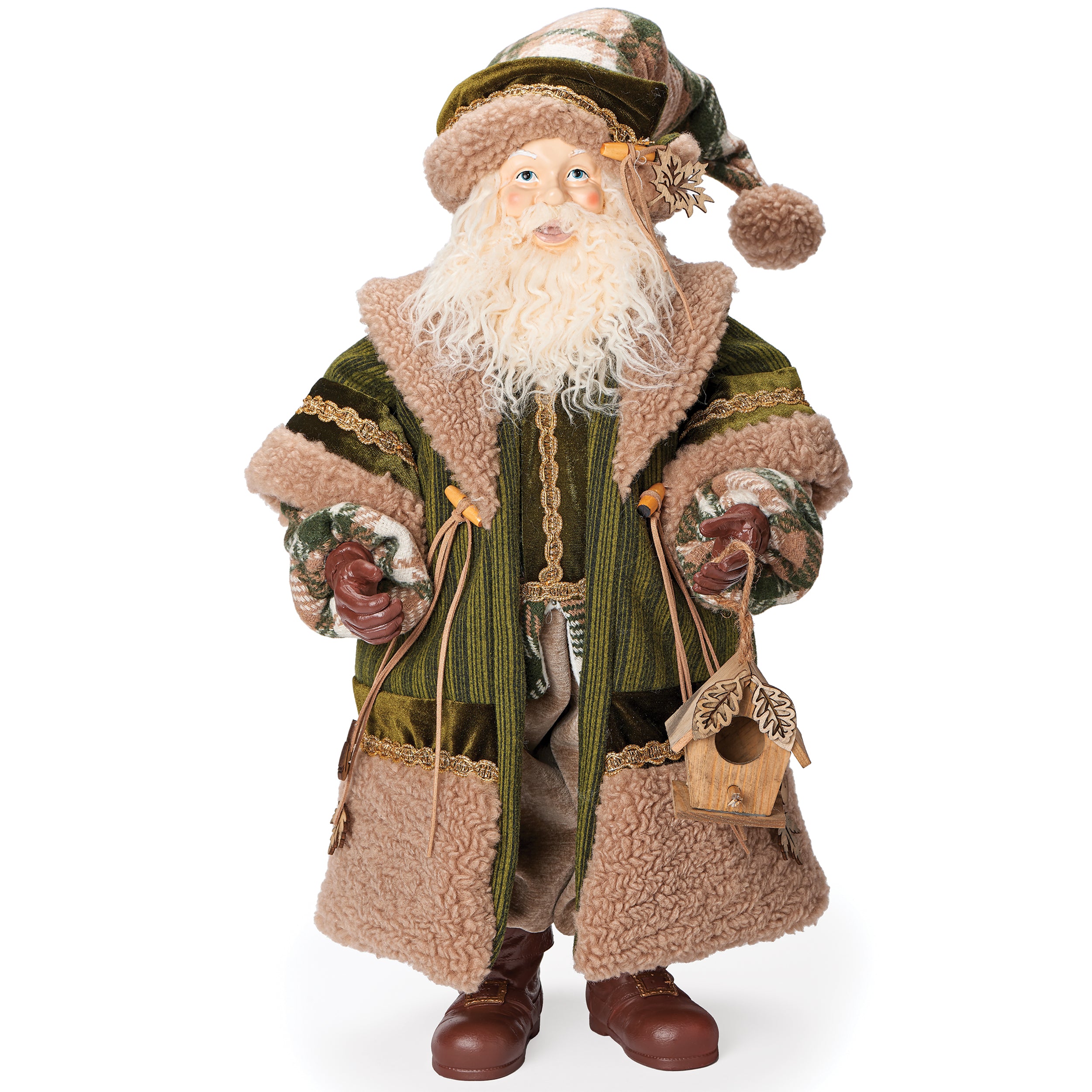 Olive Stripe Robe Santa Holding Birdhouse