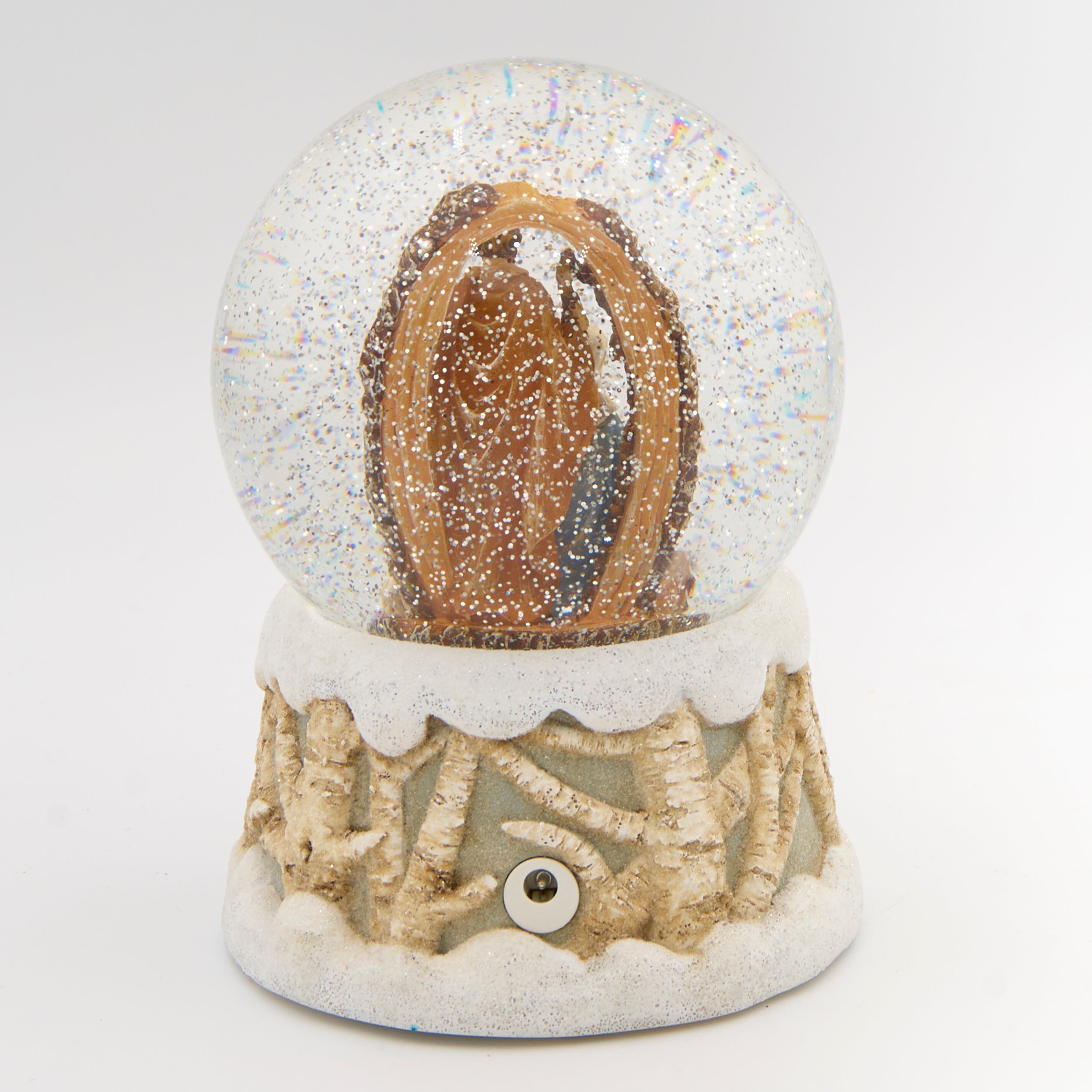 Glitterdome Lighted Swirl Holy Family in Wood Log