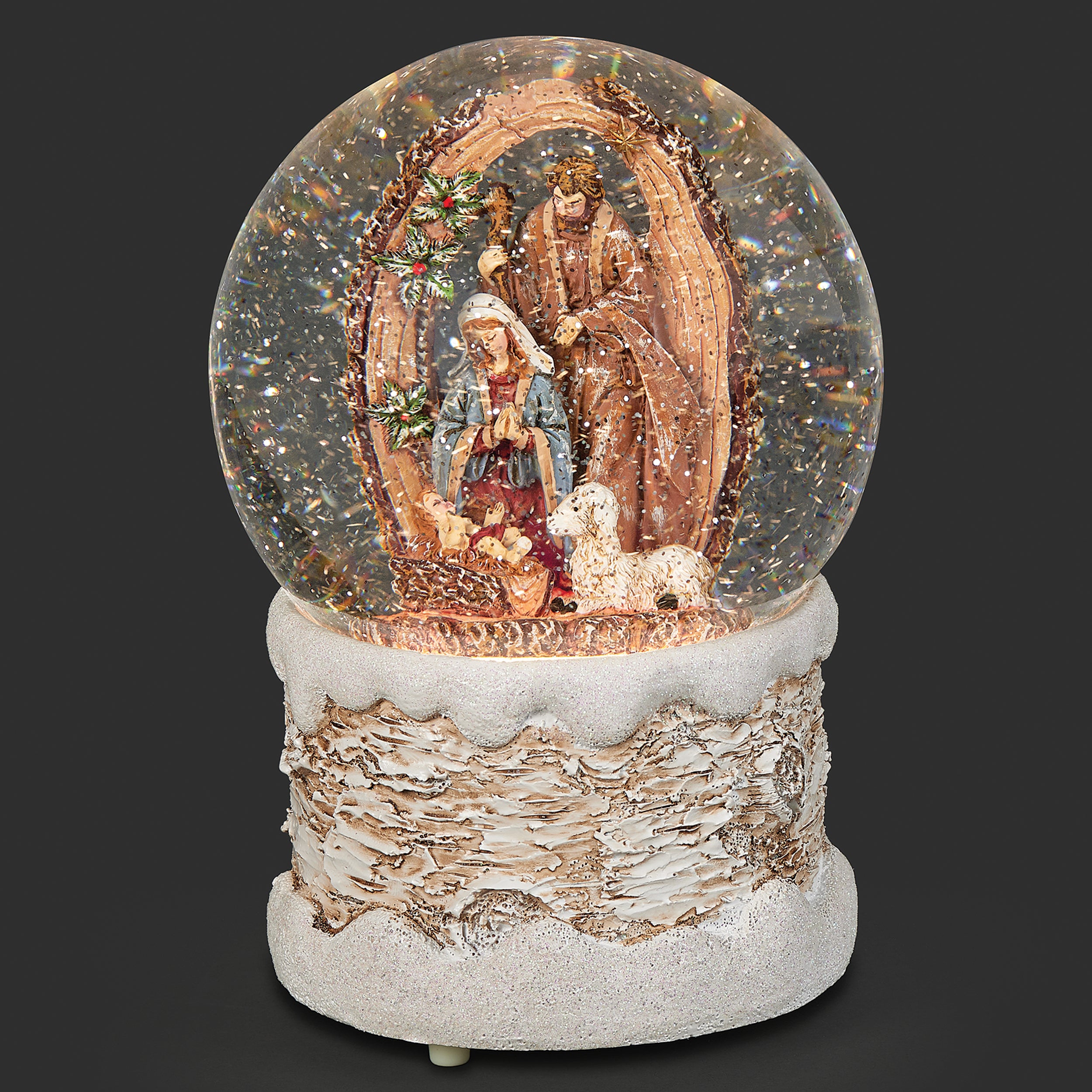 Glitterdome Lighted Swirl Holy Family in Wood Log