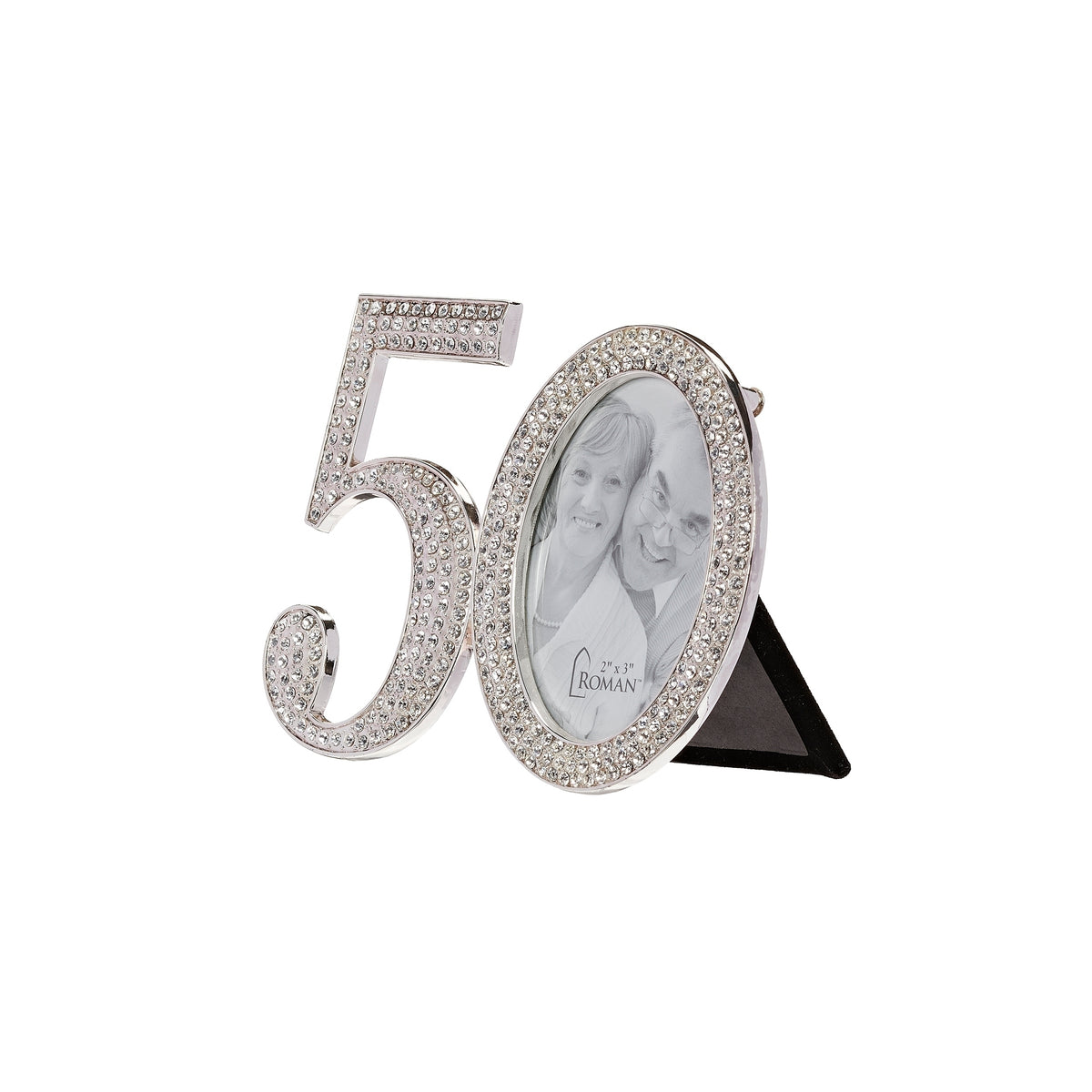 Angled front view of rhinestone “50” frame showing the oval photo opening and black easel stand.