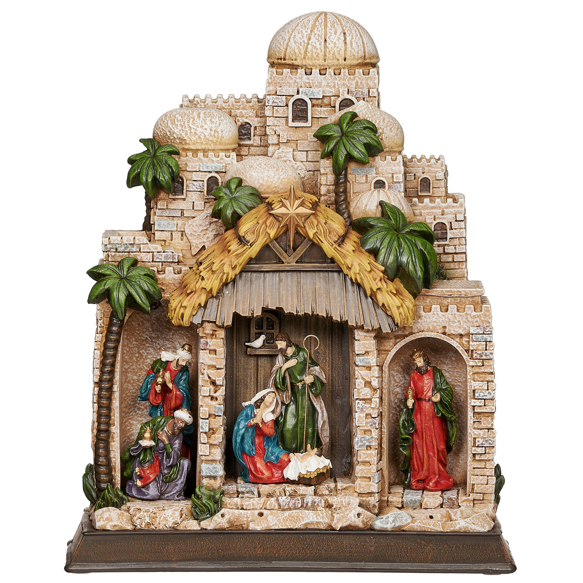 Alternate front angled view: Alternate front angled view of Lighted Nativity in Town Scene showing the Holy Family, illuminated stable, palm trees, and detailed Middle Eastern-style village