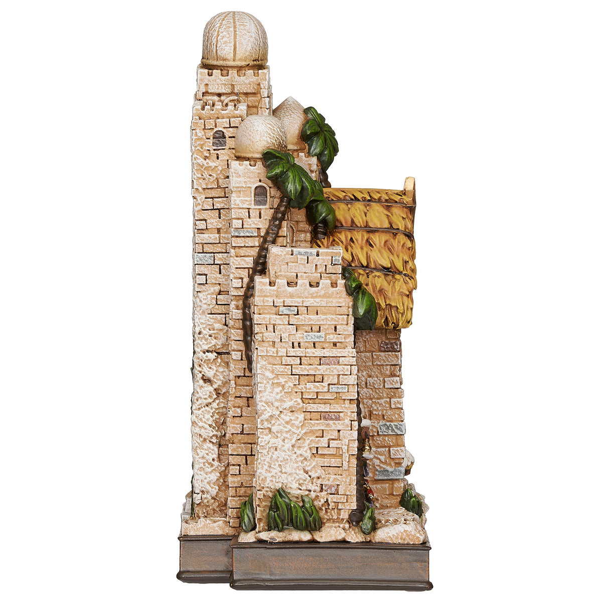 Opposite side view: Opposite side view of Lighted Nativity in Town Scene showing the dimensional buildings, greenery, and detailed town setting