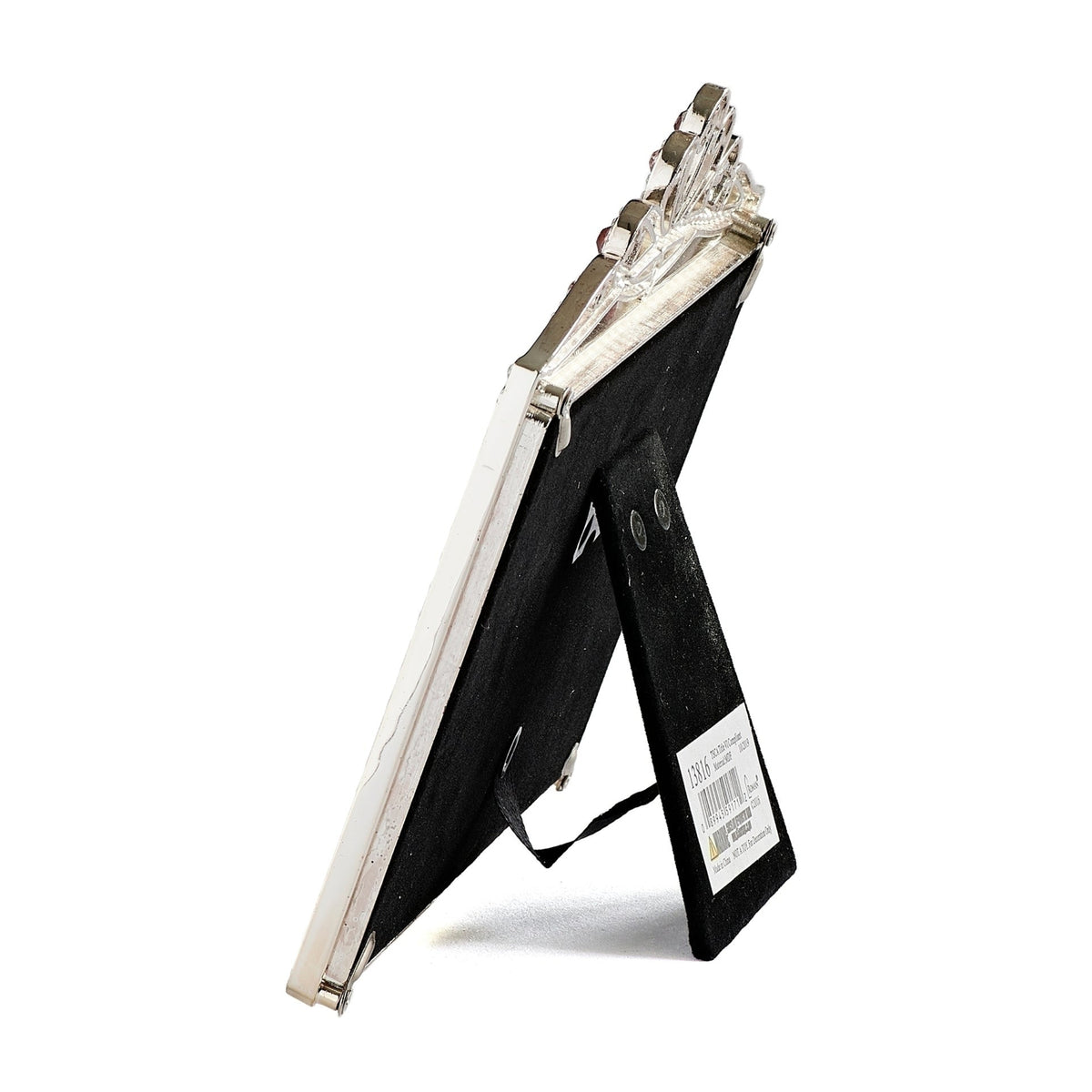 Side view of Caroline Collection Princess Jeweled Crown Picture Frame showing the jeweled crown detail and open tabletop easel stand