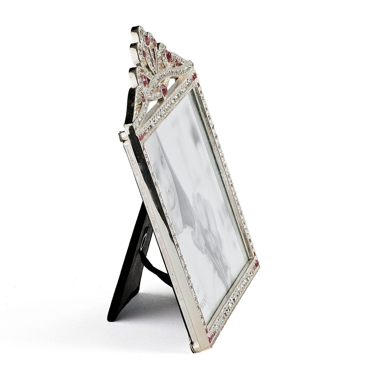Opposite side view of Caroline Collection Princess Jeweled Crown Picture Frame showing the slim silver-tone frame, crystal accents, and tabletop stand