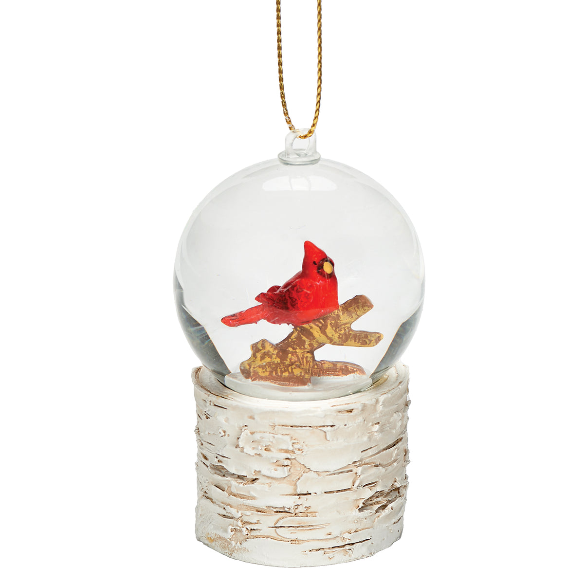 Decorative ornament with a red cardinal bird inside a clear glass ball, attached to a white background.