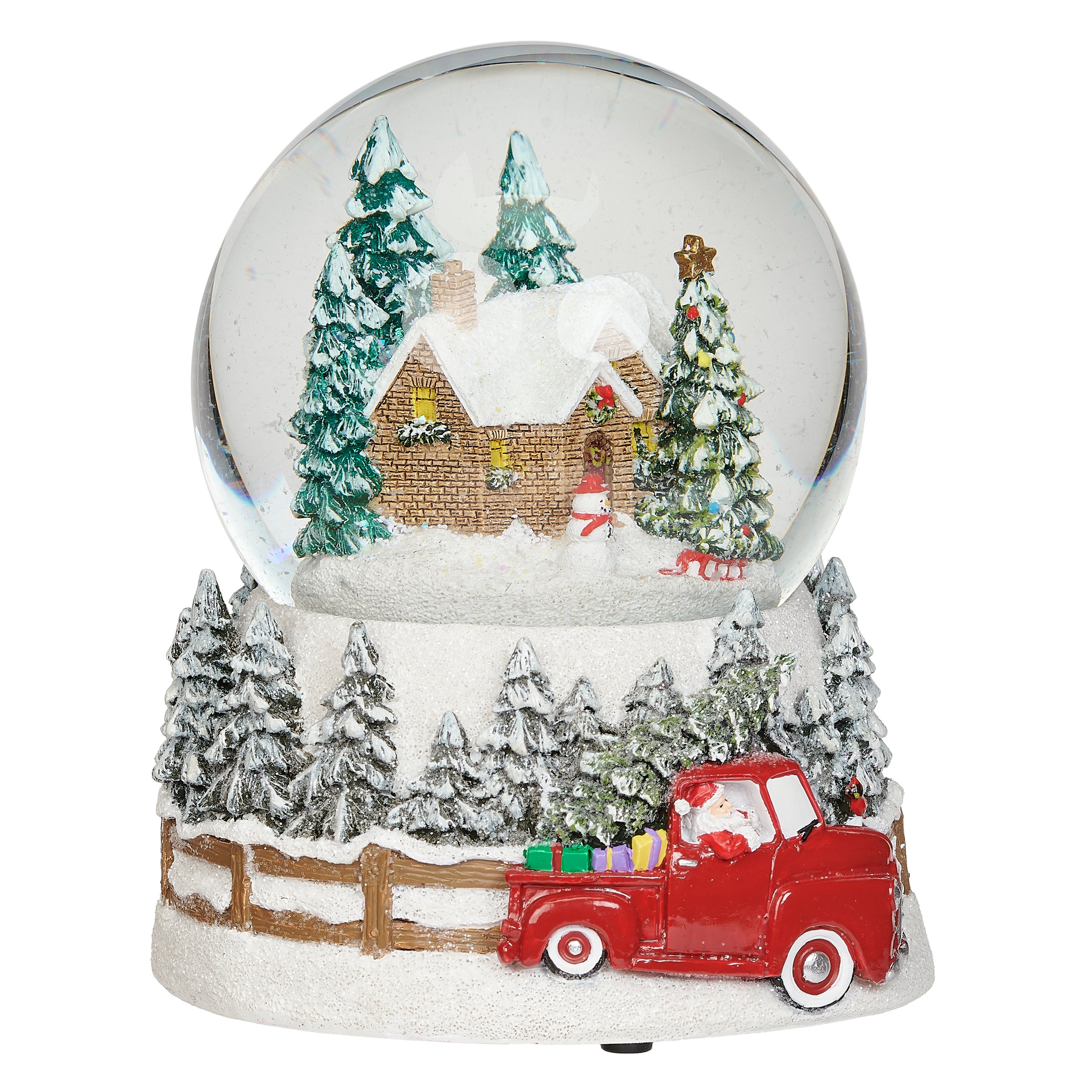 Christmas-themed snow globe with a red truck, Santa Claus, and a house.